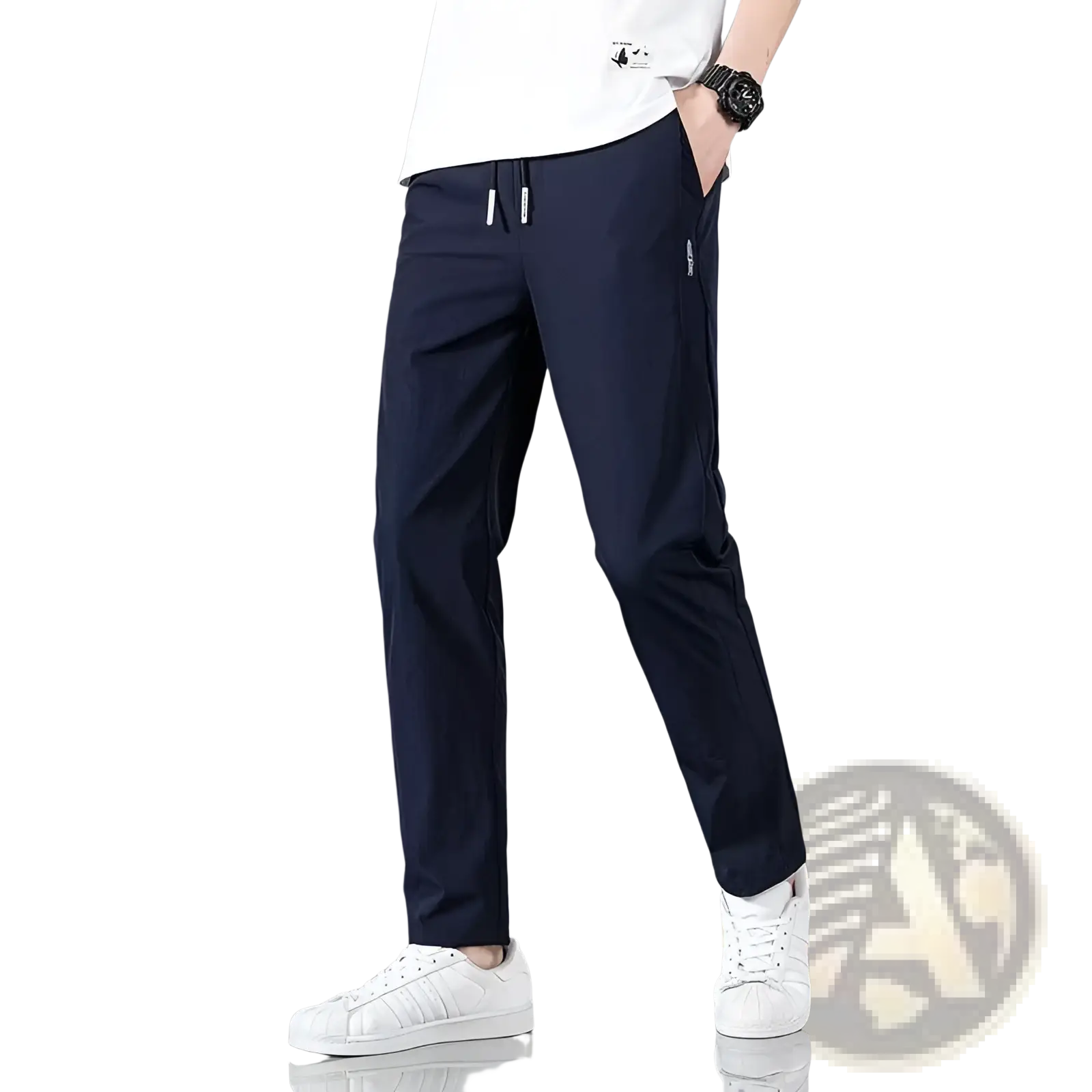 Navy blue men’s ice silk straight leg athletic jogger pants with drawstring waist and subtle side stripes