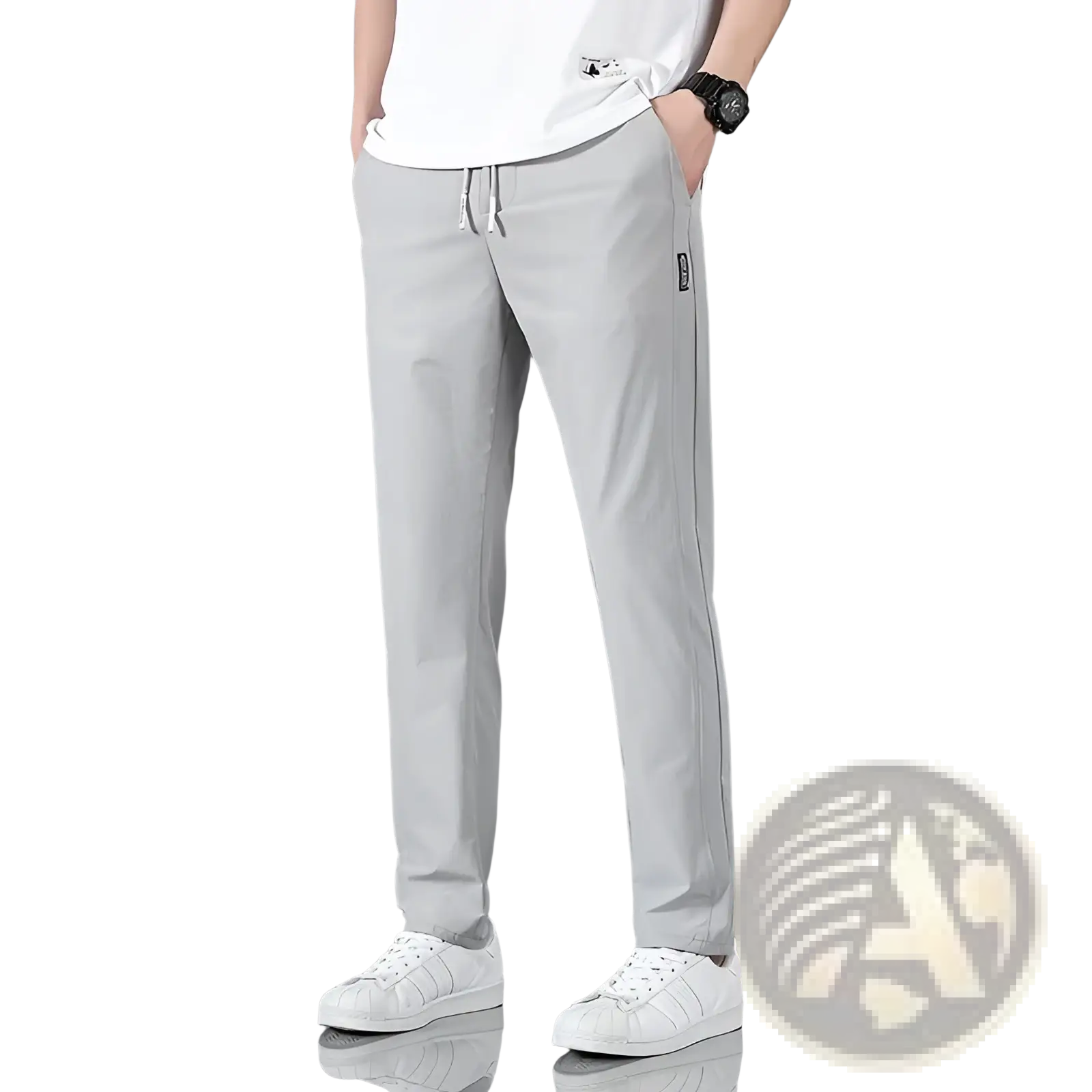 Men’s ice silk light gray slim-fit jogger pants with drawstring waist and subtle side stripe detailing