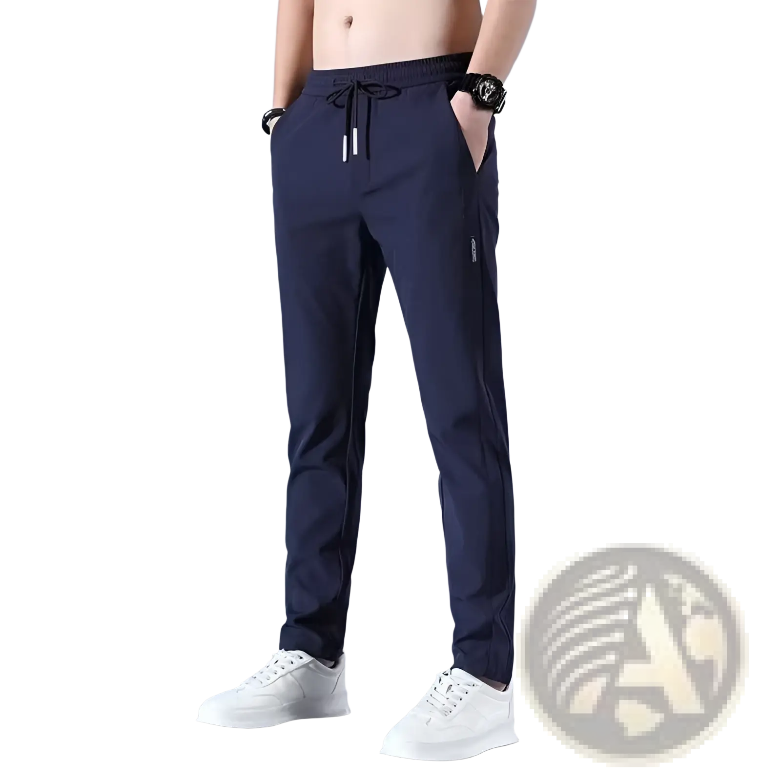 Men’s ice silk dark navy straight leg athletic jogger pants with drawstring waistband and subtle side pockets