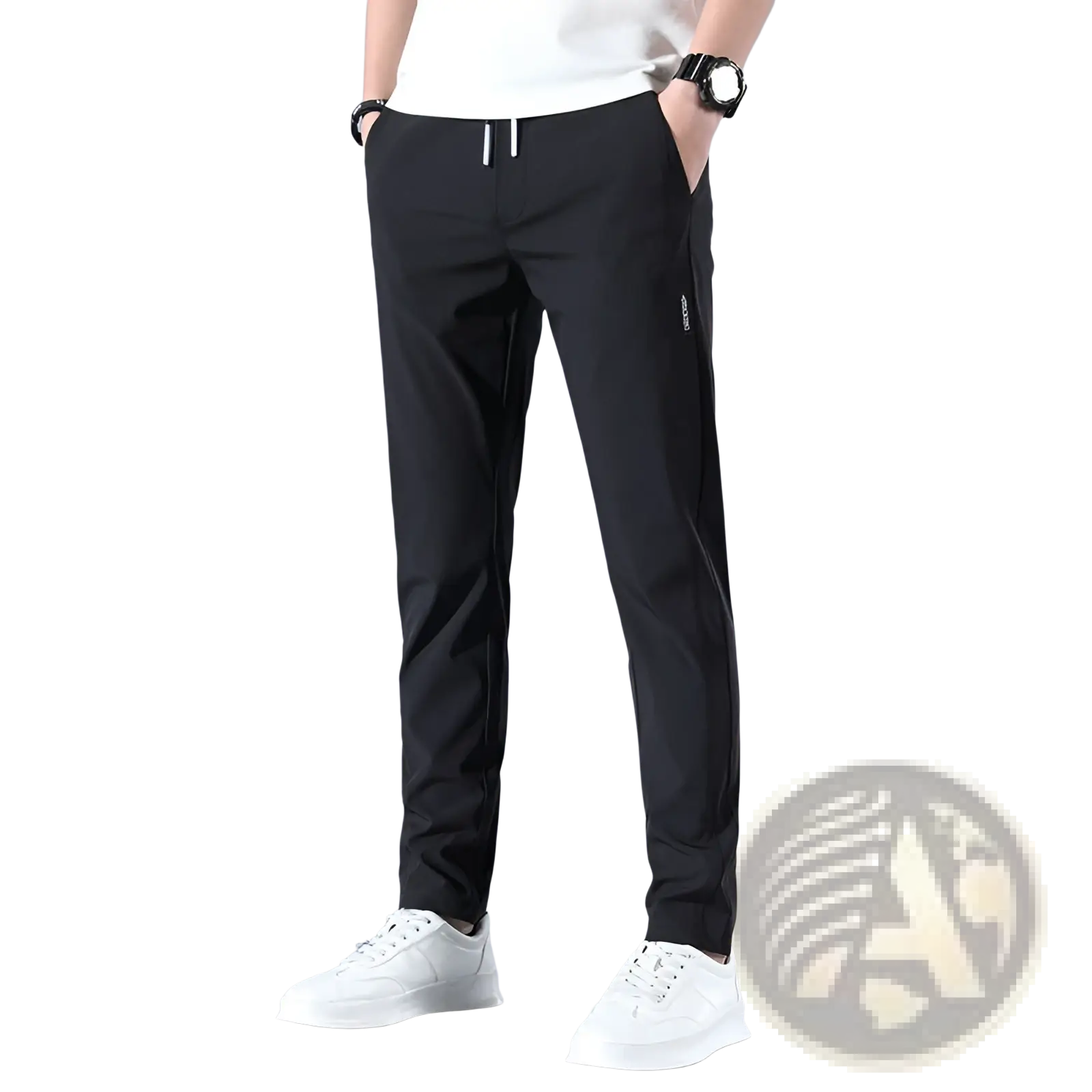 Black slim-fit athletic pants with white drawstring and subtle side branding.