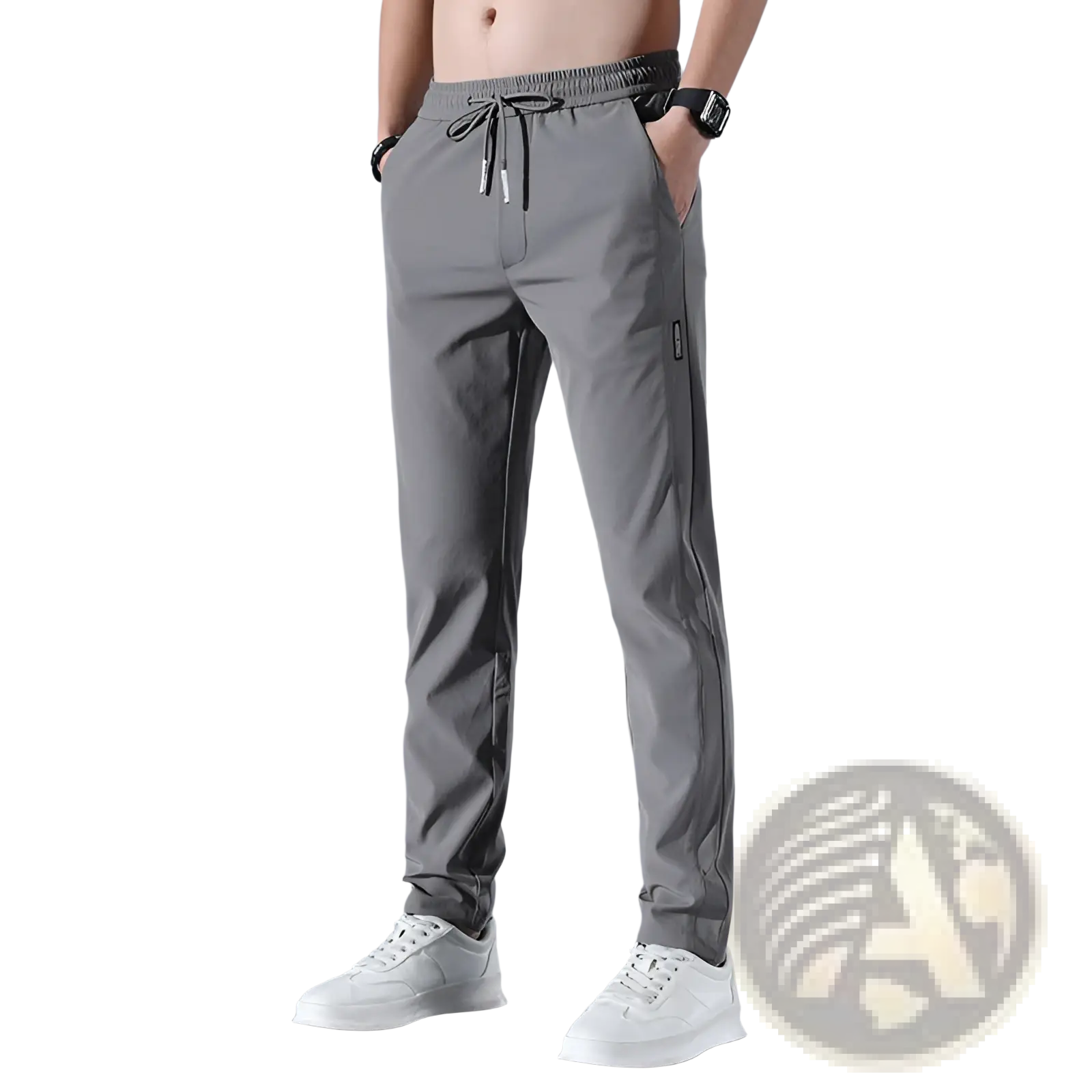 Men’s gray ice silk straight leg athletic jogger pants with drawstring waistband and subtle side stripes