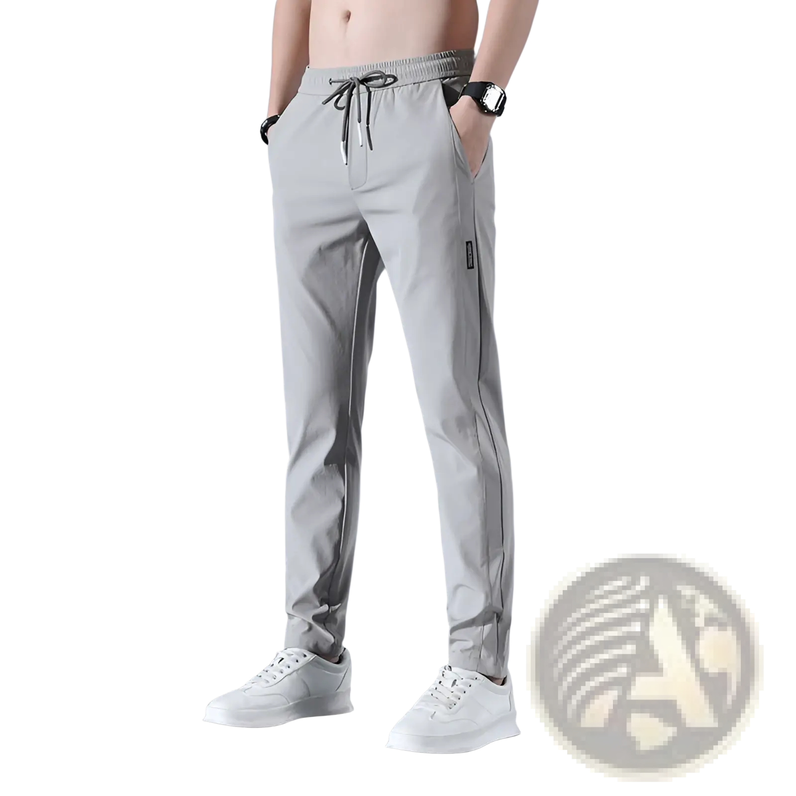 Men’s ice silk light gray straight leg athletic jogger pants with drawstring waistband and subtle side stripes