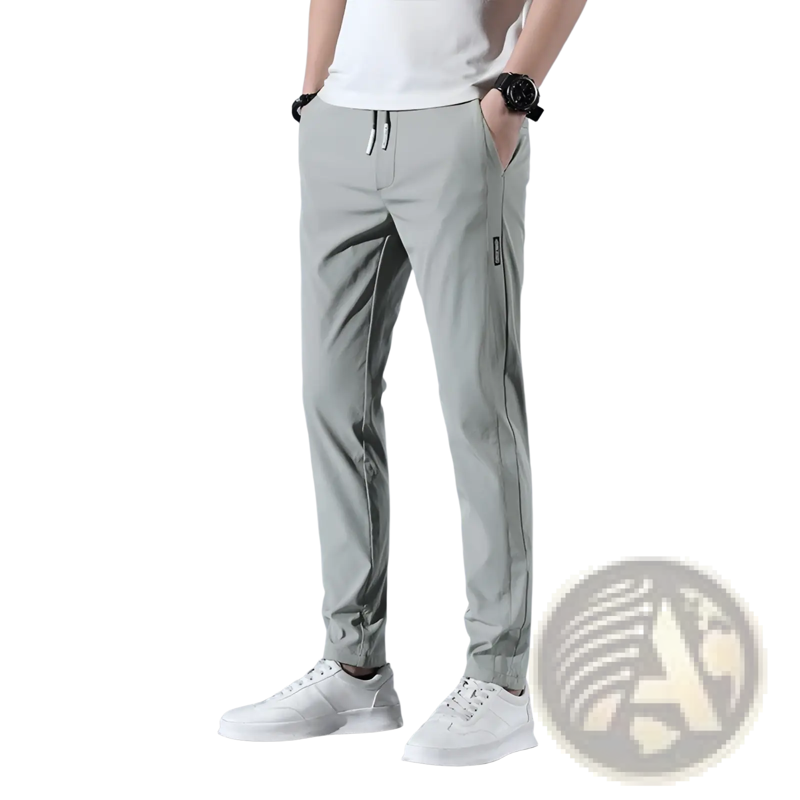 Men’s ice silk light gray slim-fit jogger pants with drawstring waist and subtle side stripe detailing