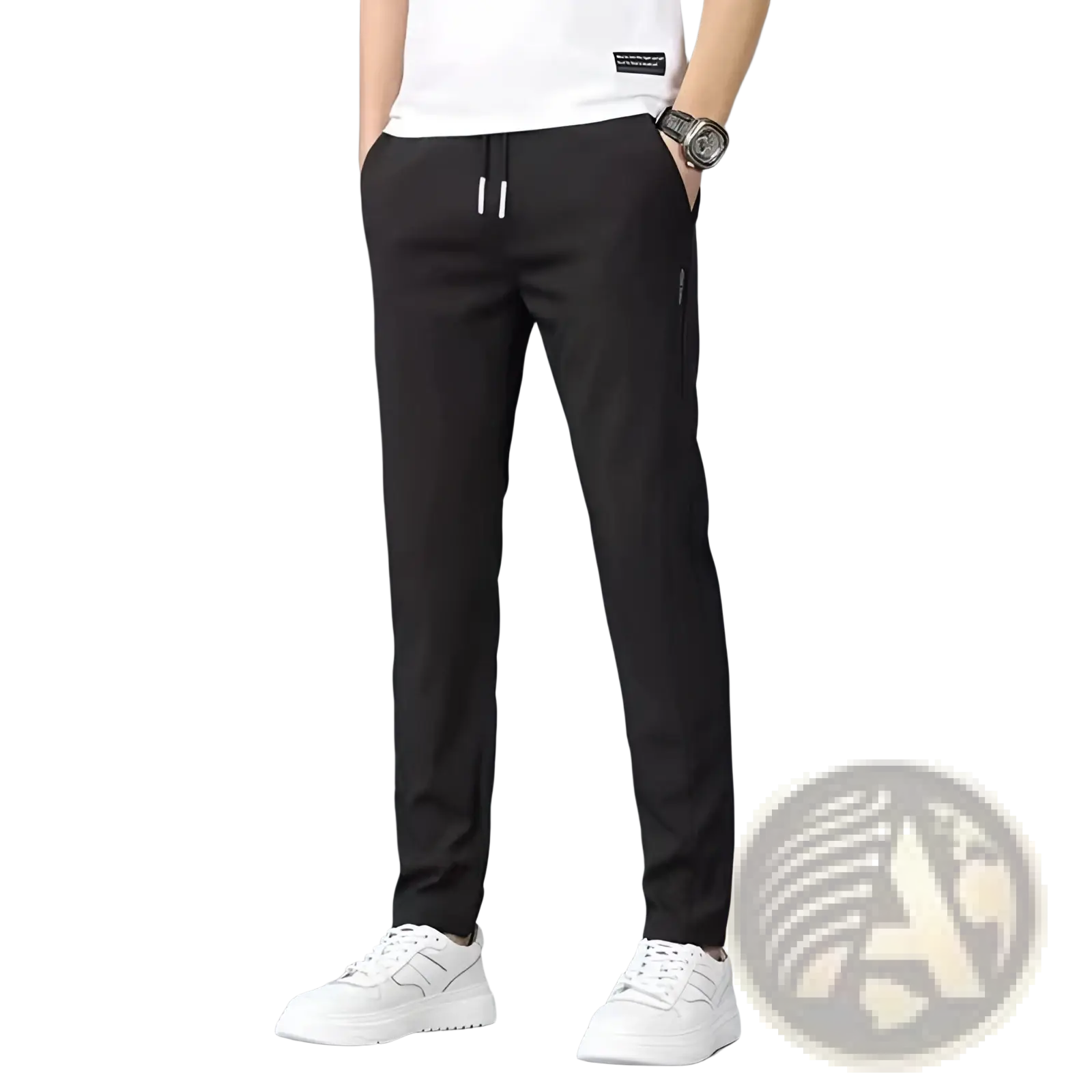 Black ice silk tapered jogger pants for men with white drawstrings and subtle side zipper detail ideal for athletics