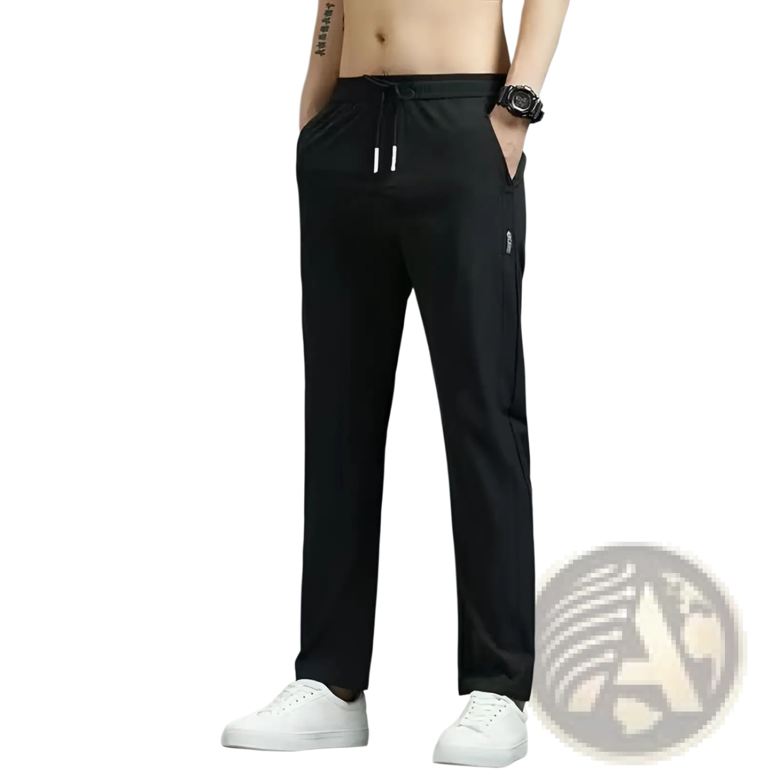 Men’s ice silk black straight leg athletic jogger pants with drawstring waist and white accent side pockets