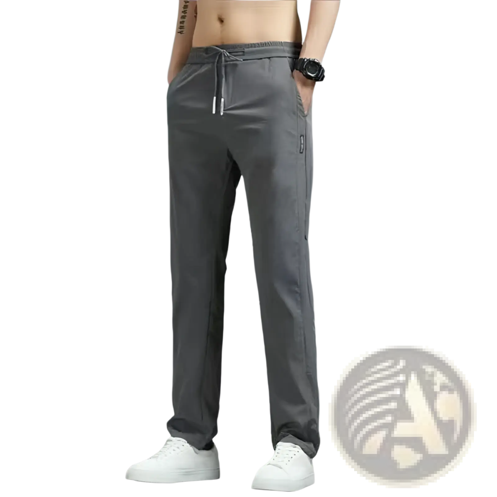 Men’s ice silk straight leg athletic jogger pants in gray with drawstring and subtle side pockets for casual wear