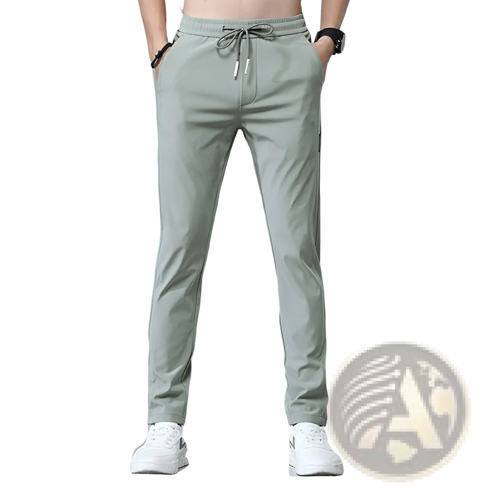 Men’s light green ice silk slim-fit jogger pants with drawstring waistband and subtle side stripes for athletic wear