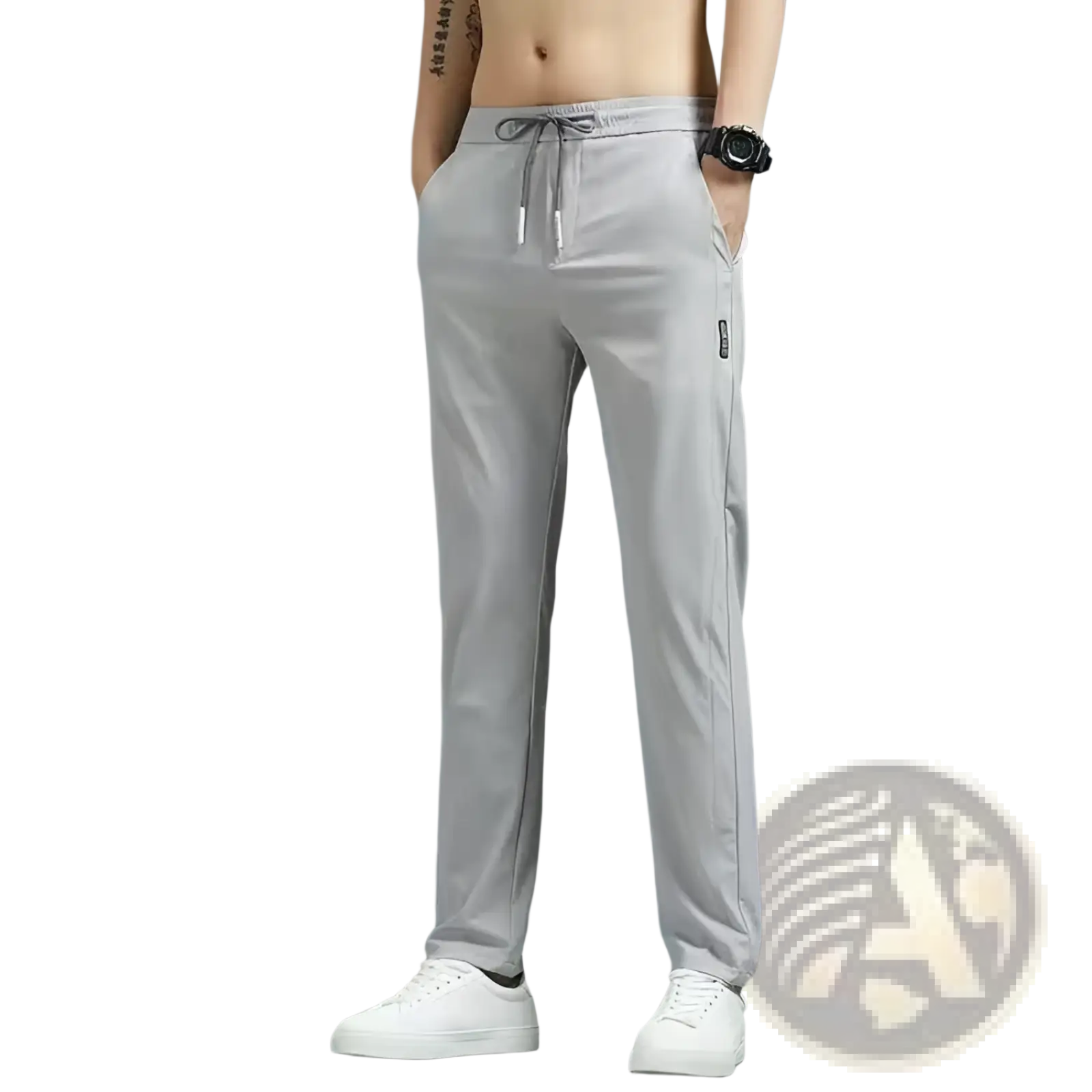 Men’s ice silk straight leg athletic jogger pants in light gray with slim fit drawstring waist and subtle side pockets