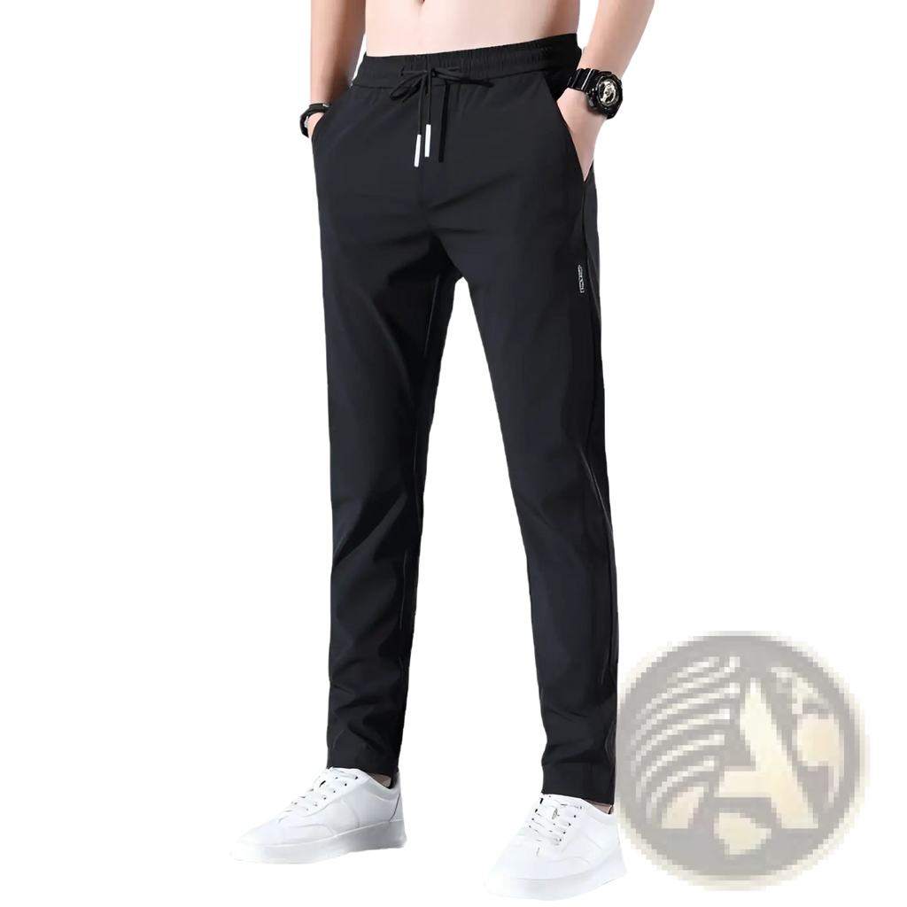 Black men’s ice silk straight leg athletic jogger pants with a drawstring waistband and subtle side pockets