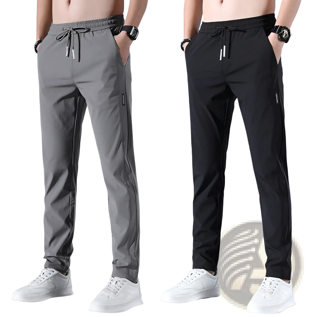 Men’s ice silk straight leg athletic jogger pants in gray and black with drawstring and side pockets slim fit