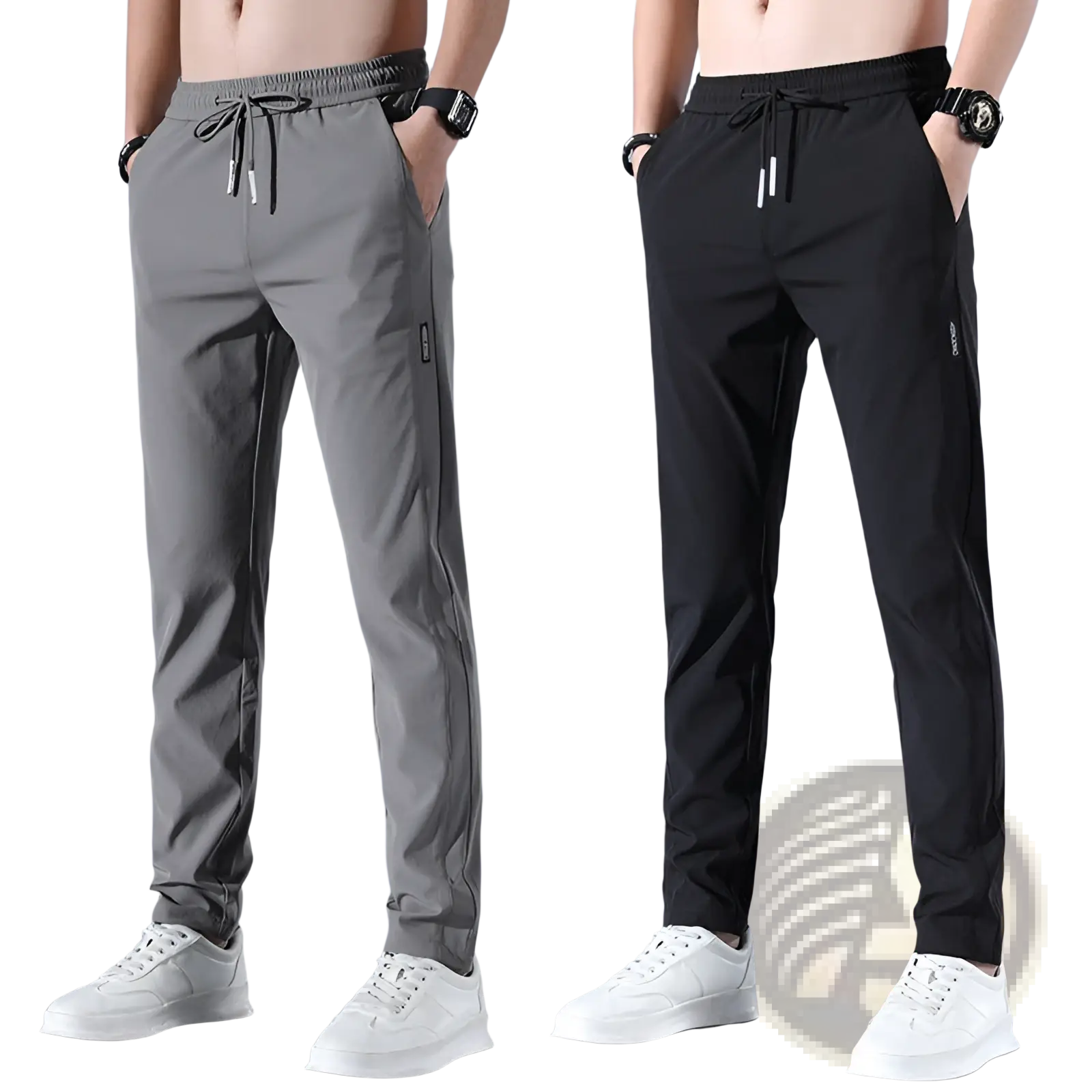 Men’s ice silk straight leg athletic jogger pants in gray and black with drawstring and side pockets slim fit
