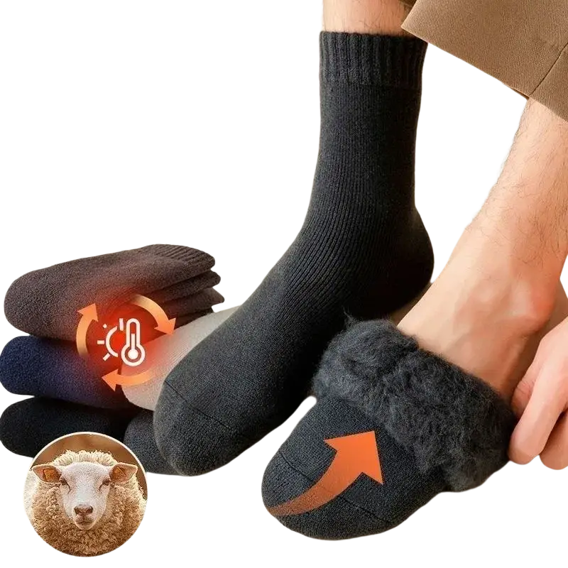 Men’s black woolen socks with plush imitation cashmere lining for thermal winter comfort on foot and ankle