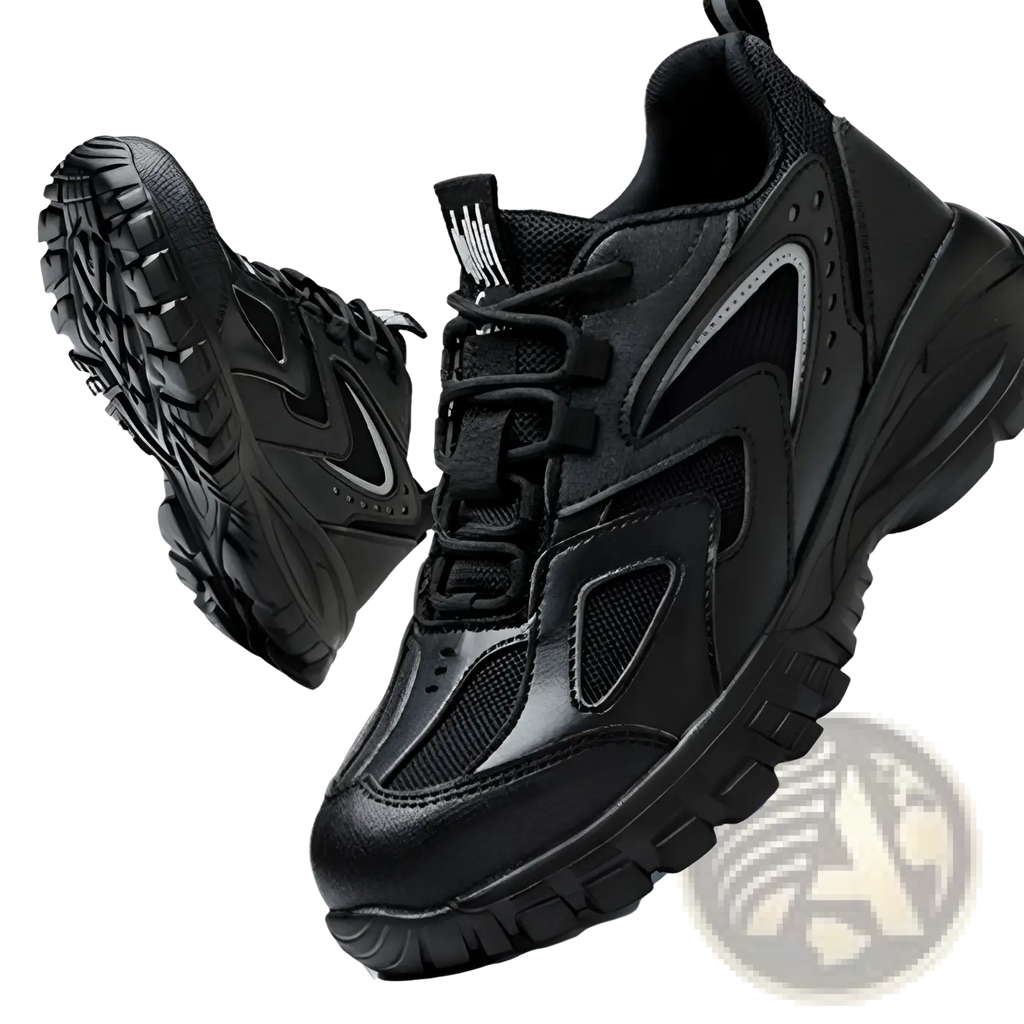 Men’s indestructible mesh athletic safety shoes in black with chunky matte finish and silver mesh panel accents