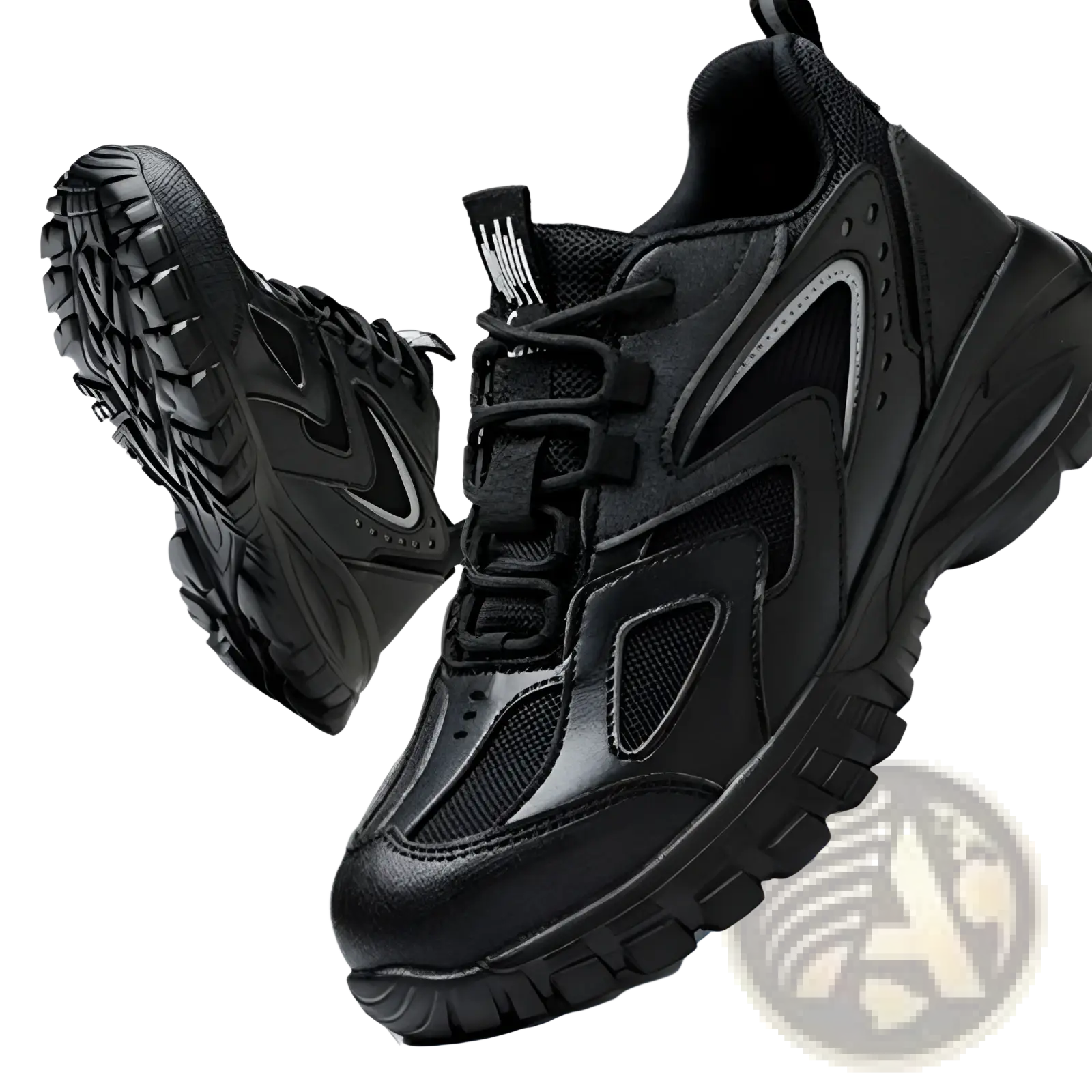 Men’s indestructible mesh athletic safety shoes in black with chunky matte finish and silver mesh panel accents