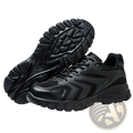 Black men’s indestructible mesh athletic safety shoe with rugged textured rubber sole and breathable mesh upper panels