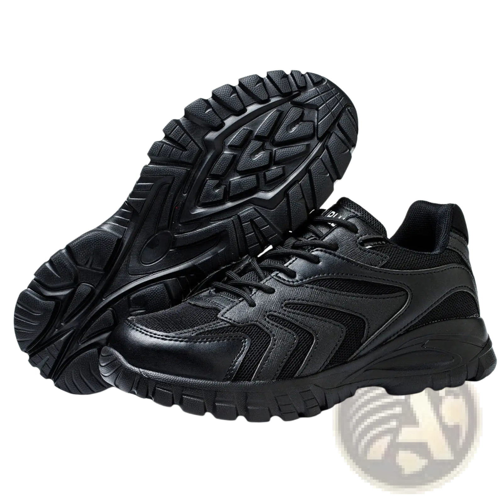 Black men’s indestructible mesh athletic safety shoe with rugged textured rubber sole and breathable mesh upper panels