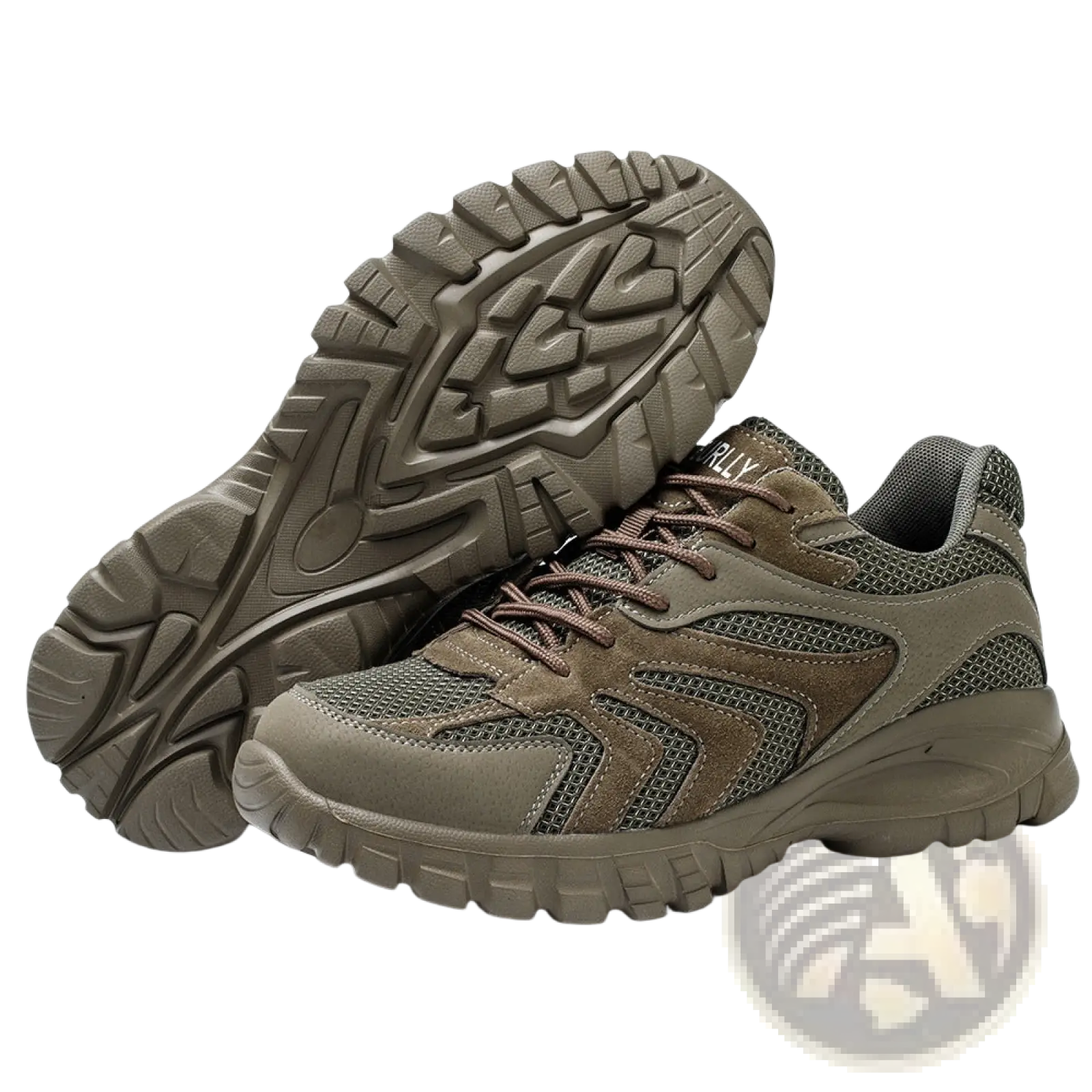 Men’s indestructible mesh athletic safety shoes in brown and olive green mesh and suede with rugged tread