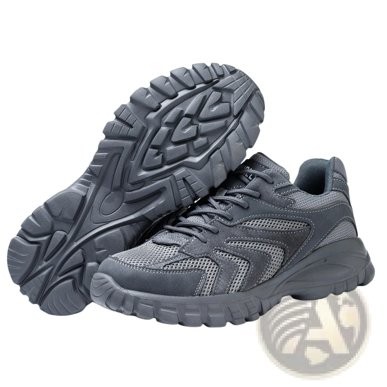 Men’s indestructible mesh athletic safety shoe in gray with mesh and suede upper and chunky rubber sole