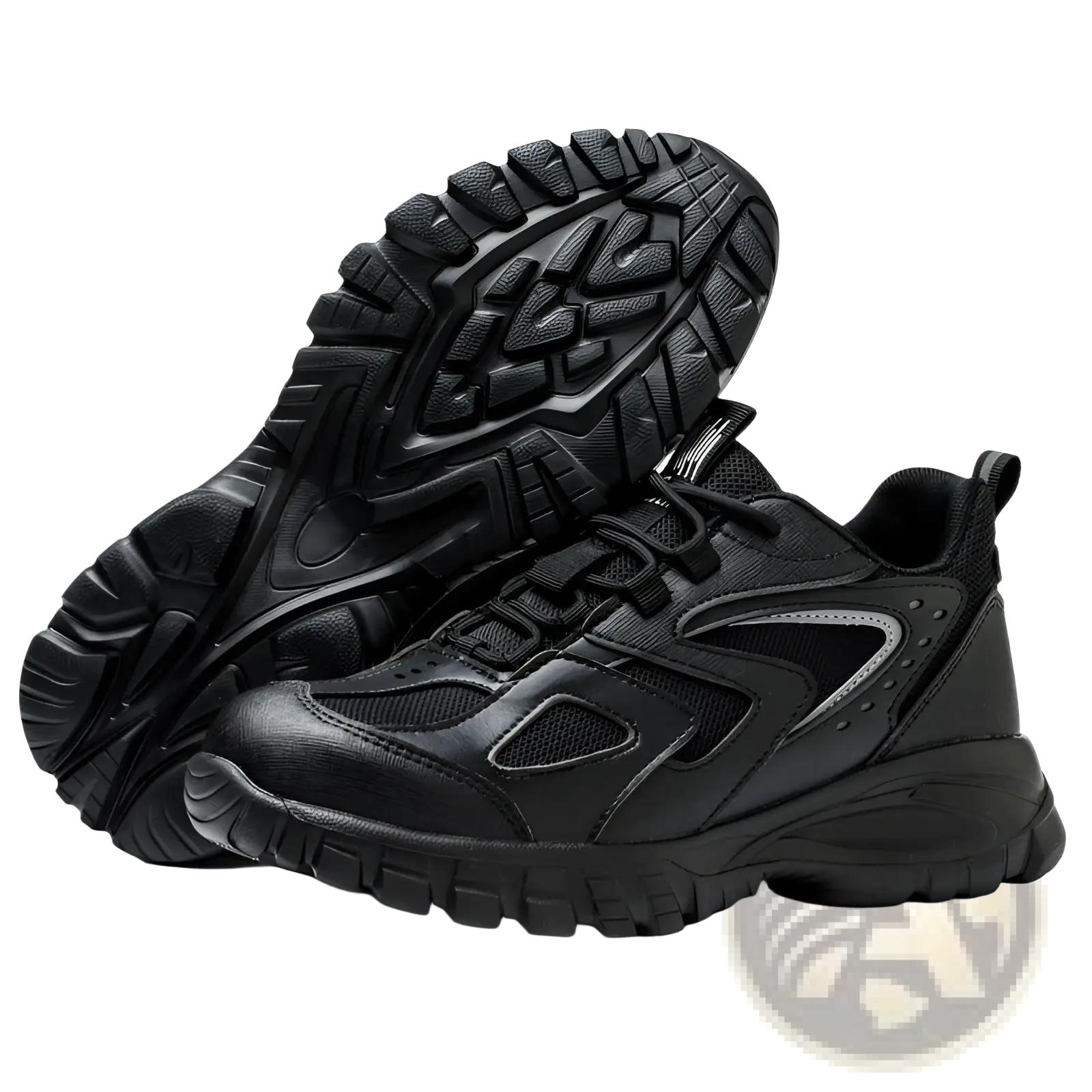 Men’s indestructible mesh athletic safety shoe in black with textured rubber sole and subtle gray mesh upper panels