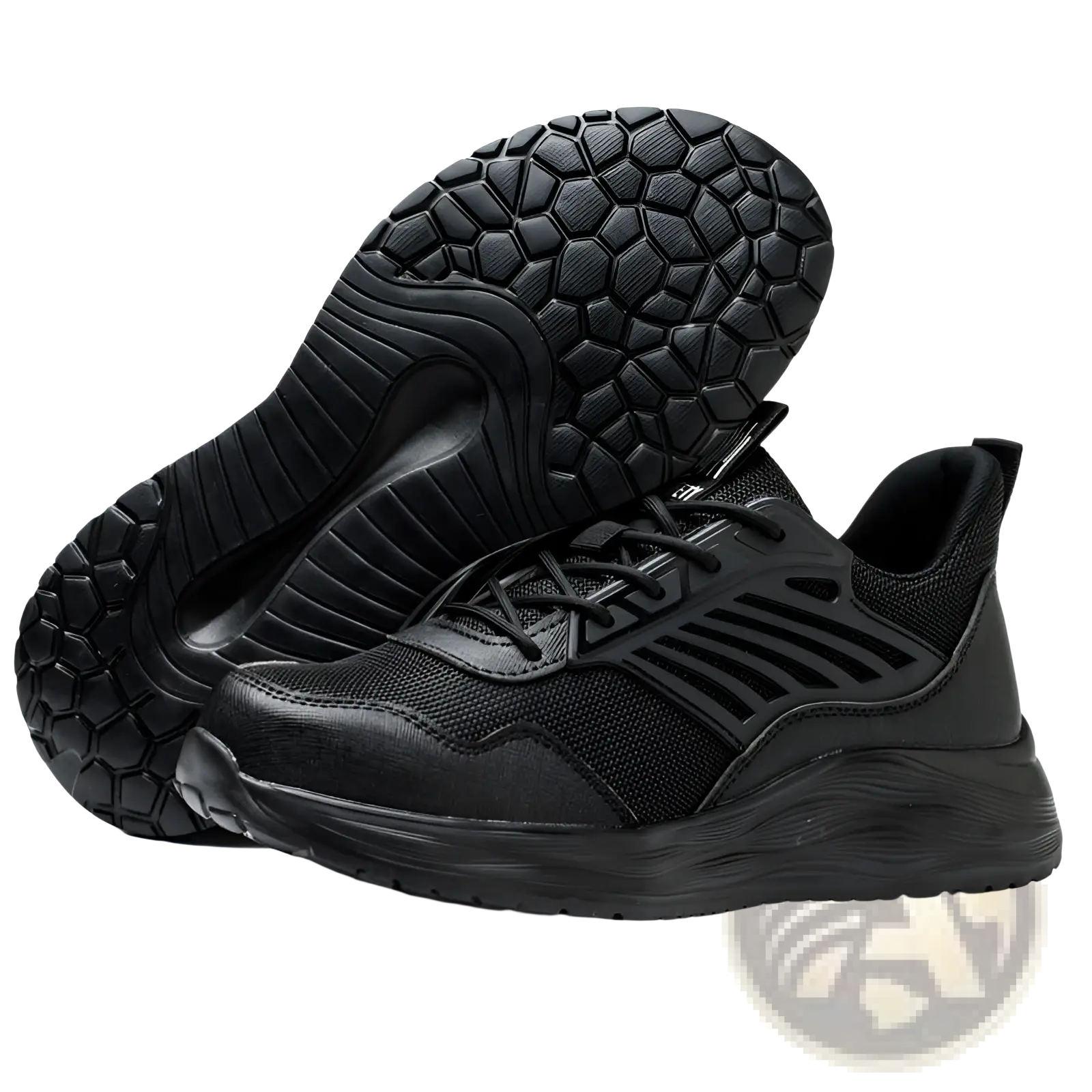 Black men’s indestructible mesh athletic safety shoe with synthetic overlays and textured honeycomb outsole