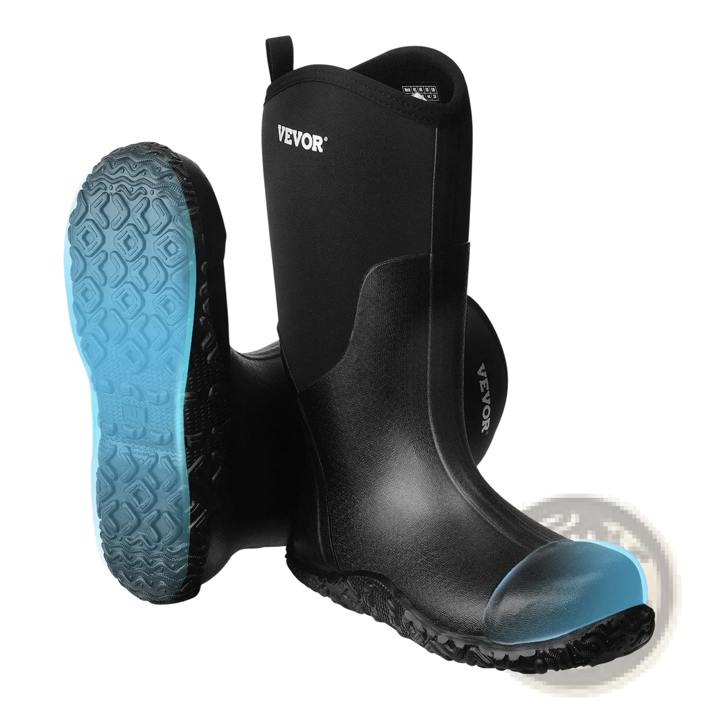 Men’s insulated steel toe waterproof black rubber vevoor boots with textured blue sole and toe cap for work use