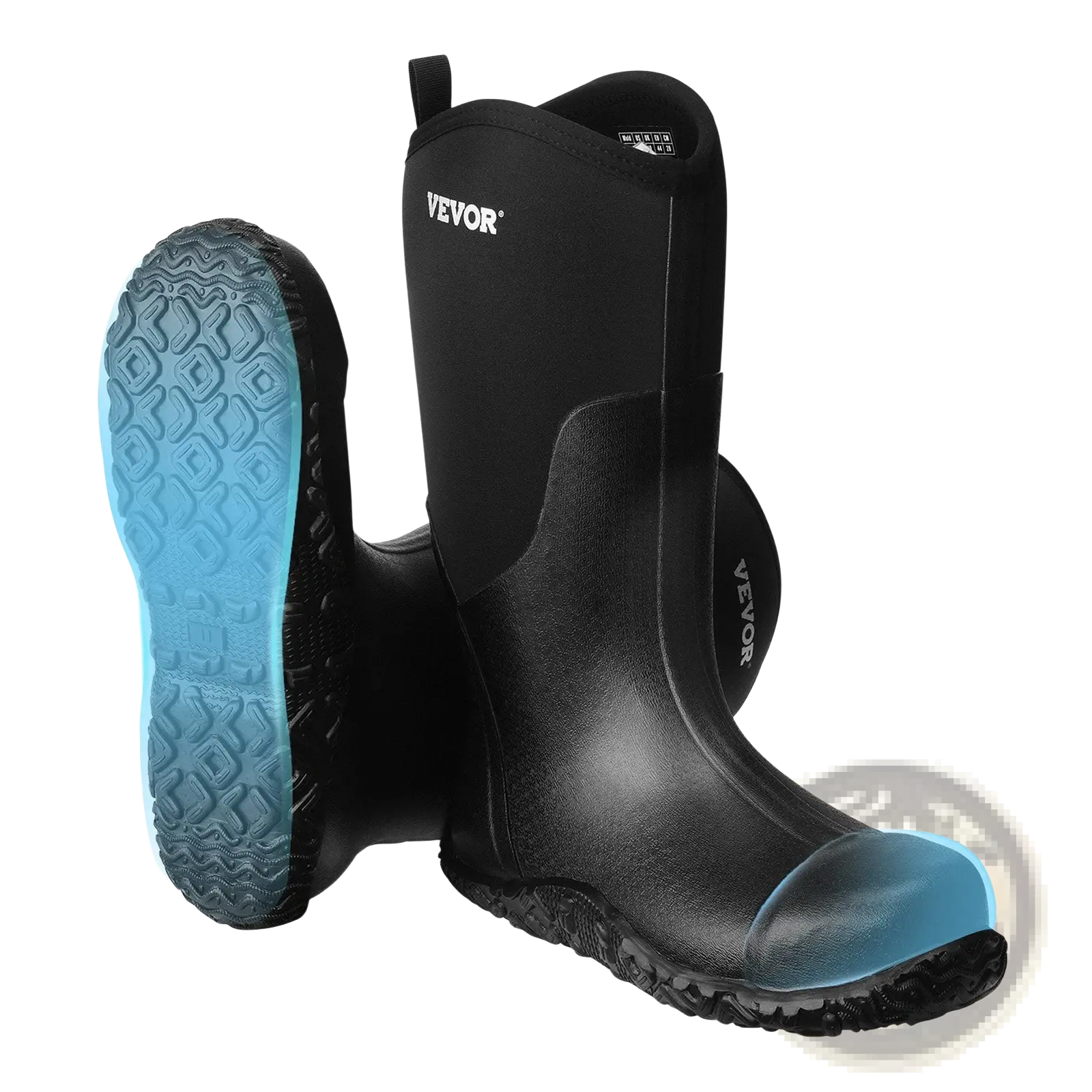 Men’s insulated steel toe waterproof black rubber vevoor boots with textured blue sole and toe cap for work use