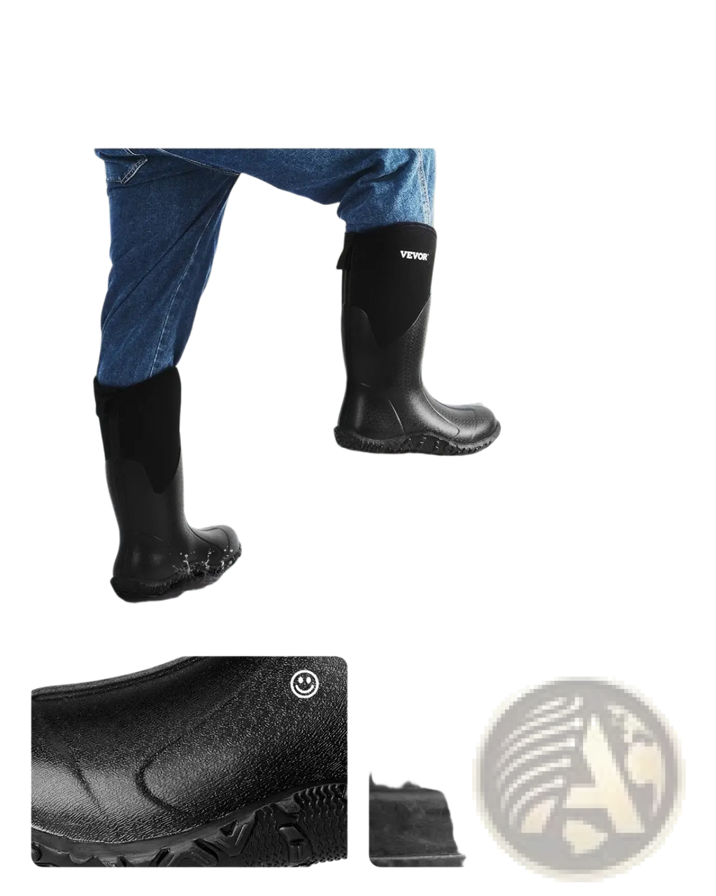 Black rubber insulated waterproof men’s hunting and work boots with textured sole and reinforced stitching