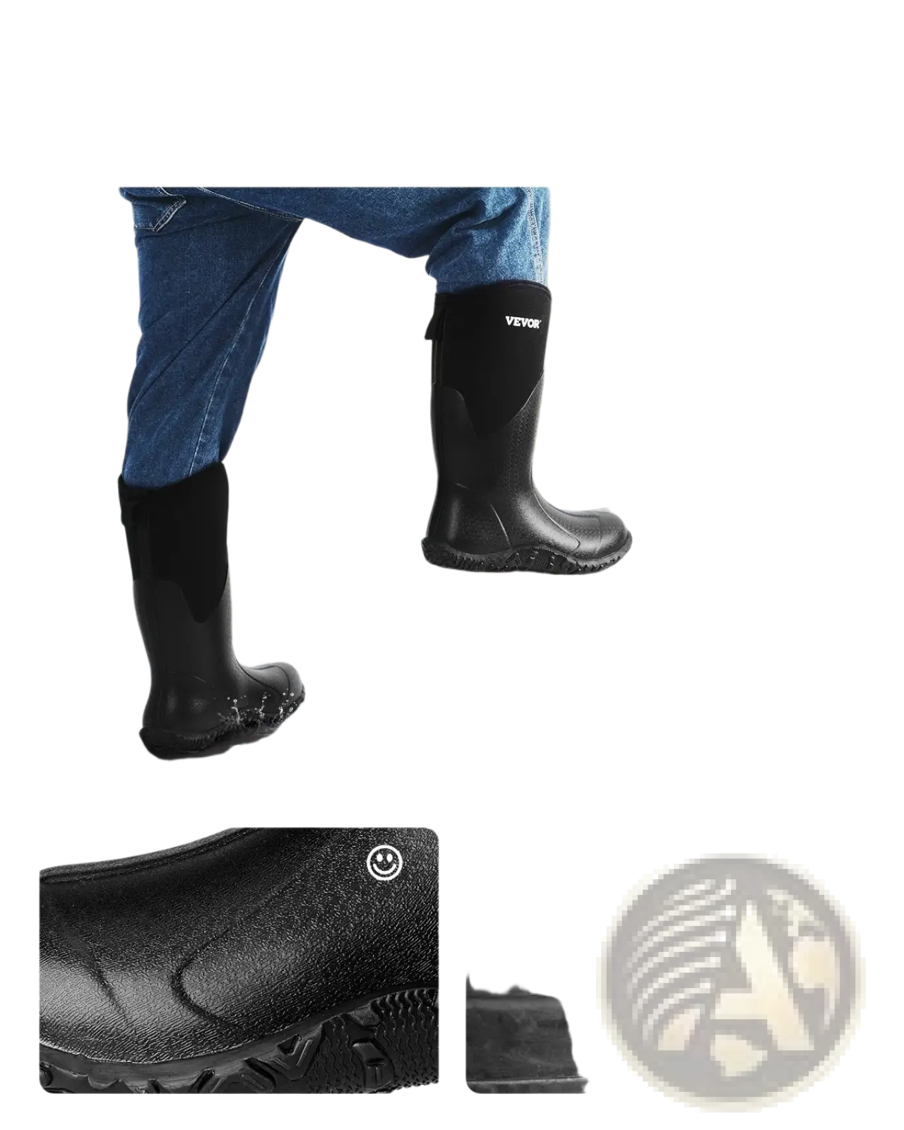 Black rubber insulated waterproof men’s hunting and work boots with textured sole and reinforced stitching