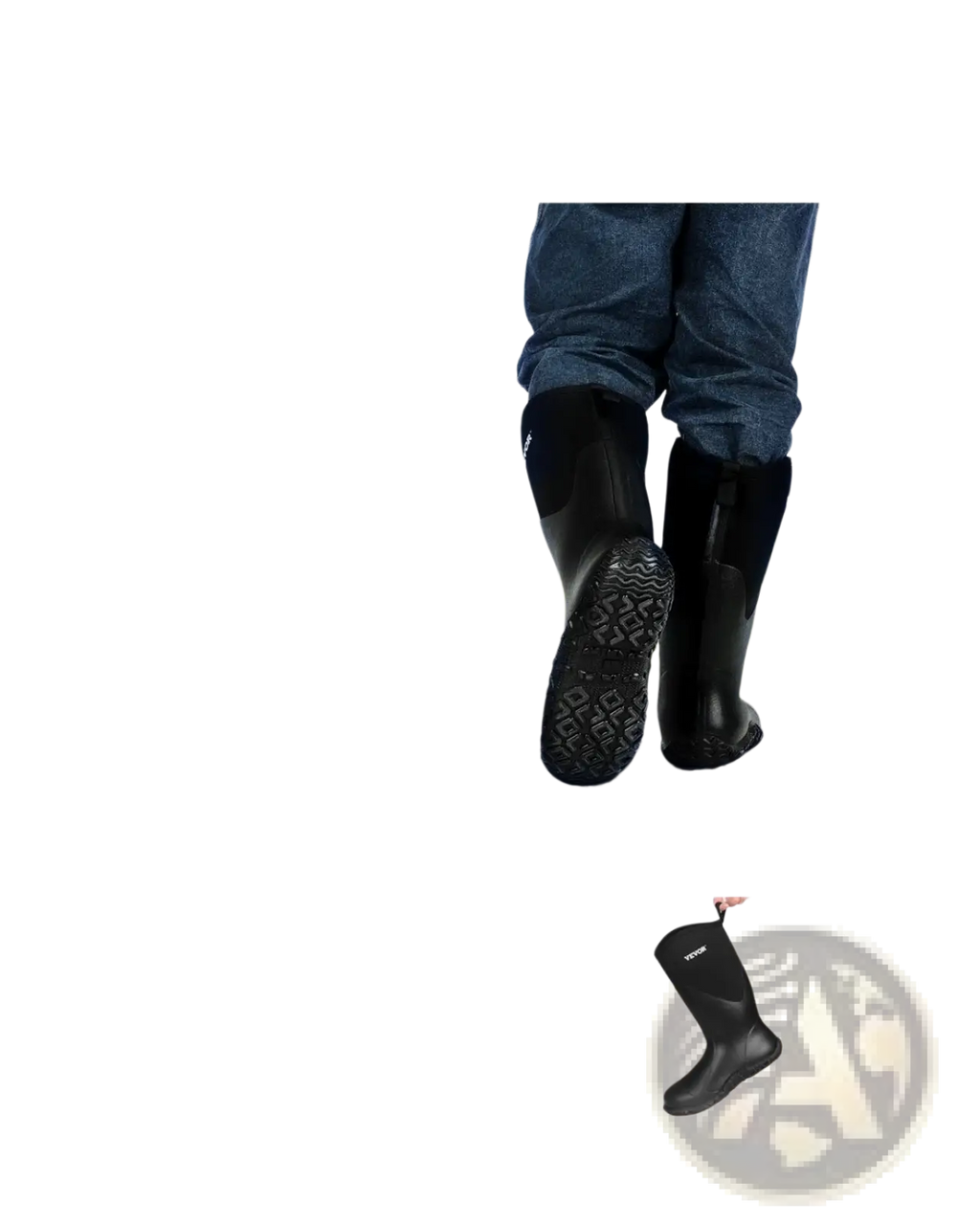 Black insulated waterproof rubber hunting and work boots shown from the back with textured sole and reinforced heel