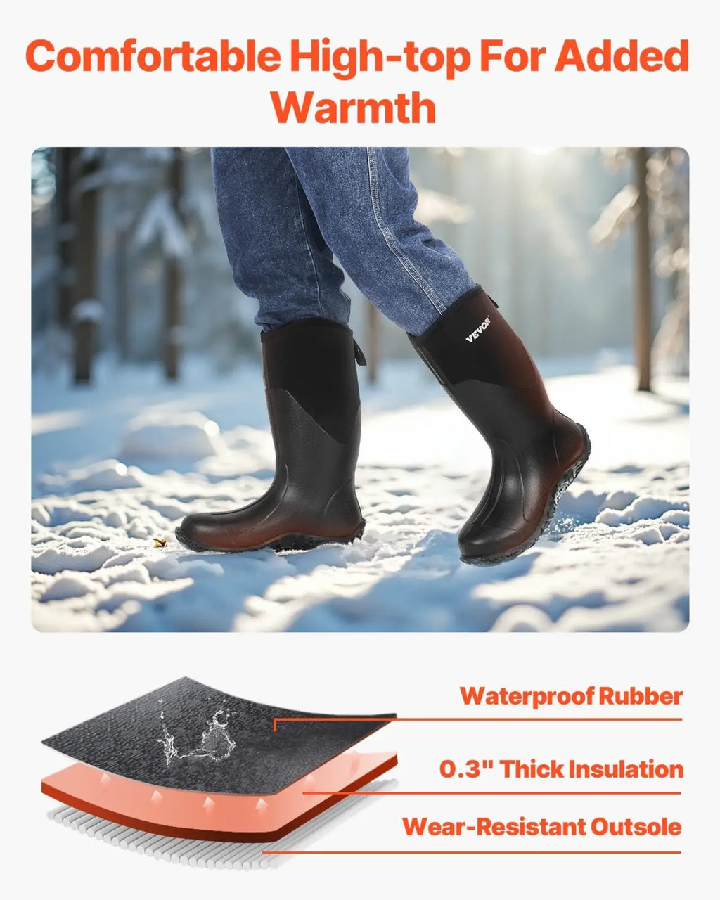 Men’s insulated waterproof black high-top rubber hunting and work boots with a wear-resistant outsole