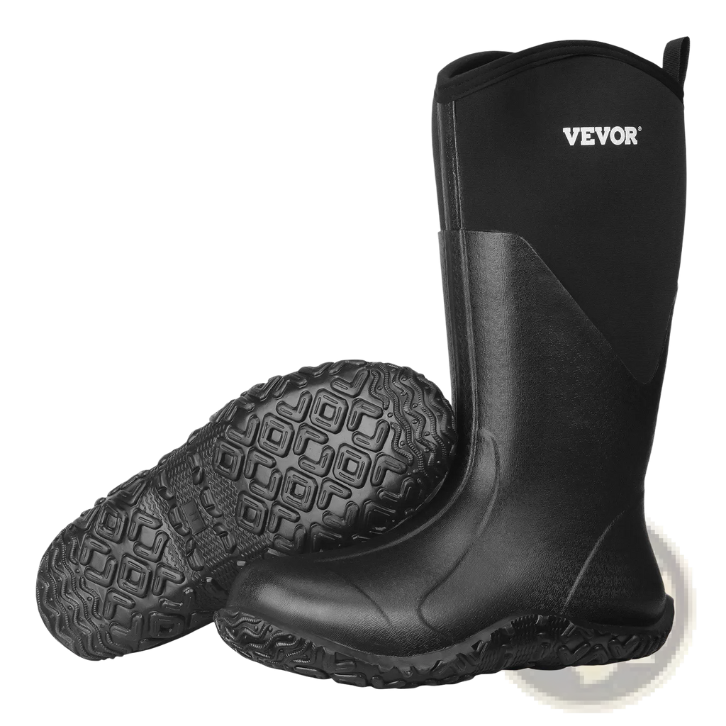 Black vevor men’s insulated waterproof rubber hunting and work boots with textured sole and reinforced stitching