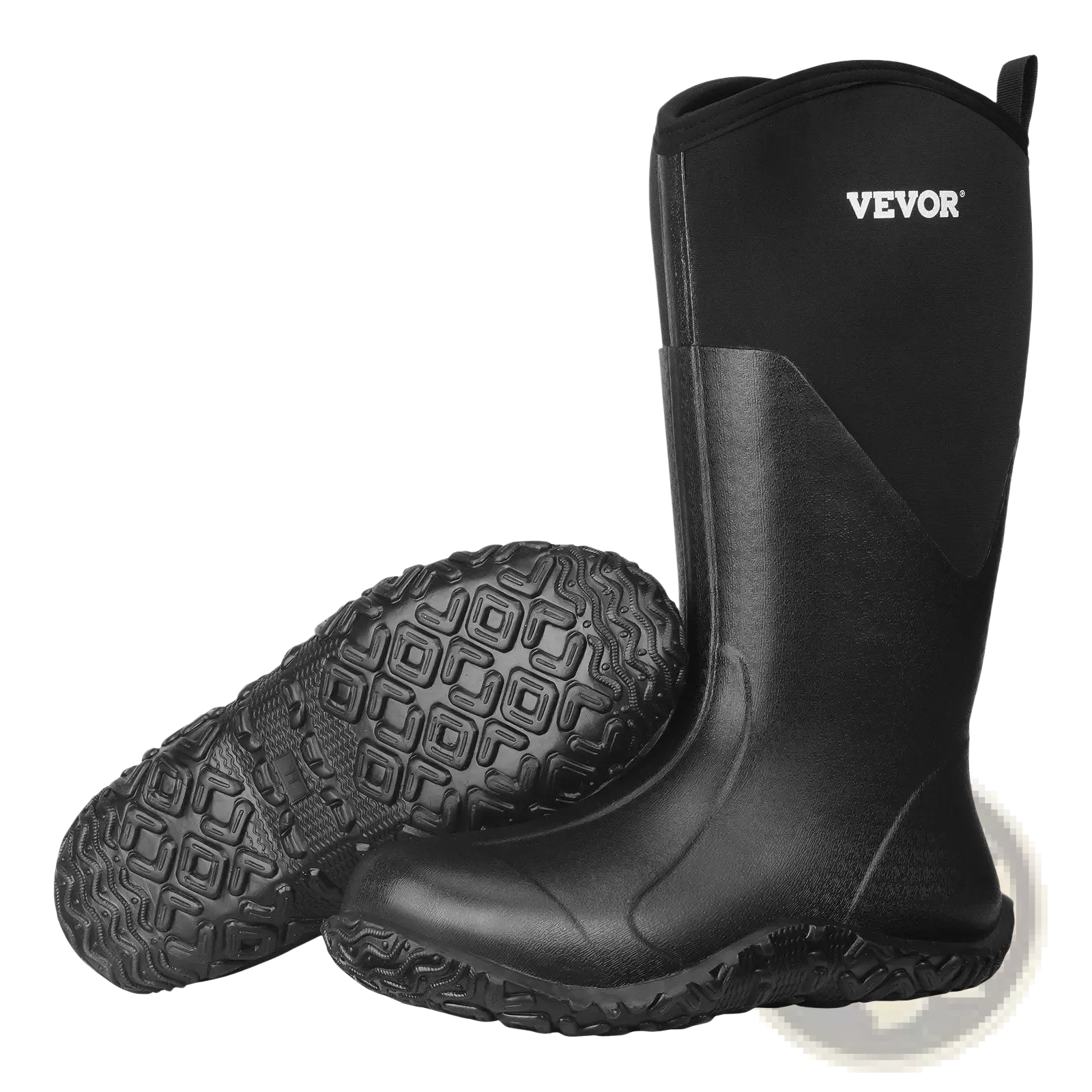 Black vevor men’s insulated waterproof rubber hunting and work boots with textured sole and reinforced stitching