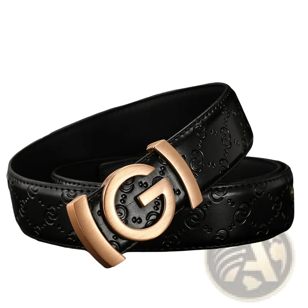Men’s interlocking g leather belt in black with a rose gold-tone buckle and embossed interlocking g logo pattern