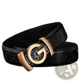 Men’s interlocking g leather belt in black with a rose gold-tone buckle and embossed interlocking g logo pattern
