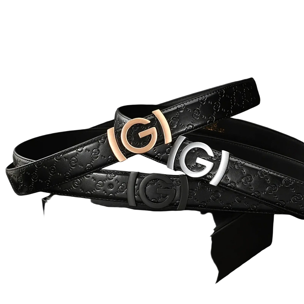 Men’s interlocking g leather belt in black with embossed logo pattern and rose gold silver or black buckle finish