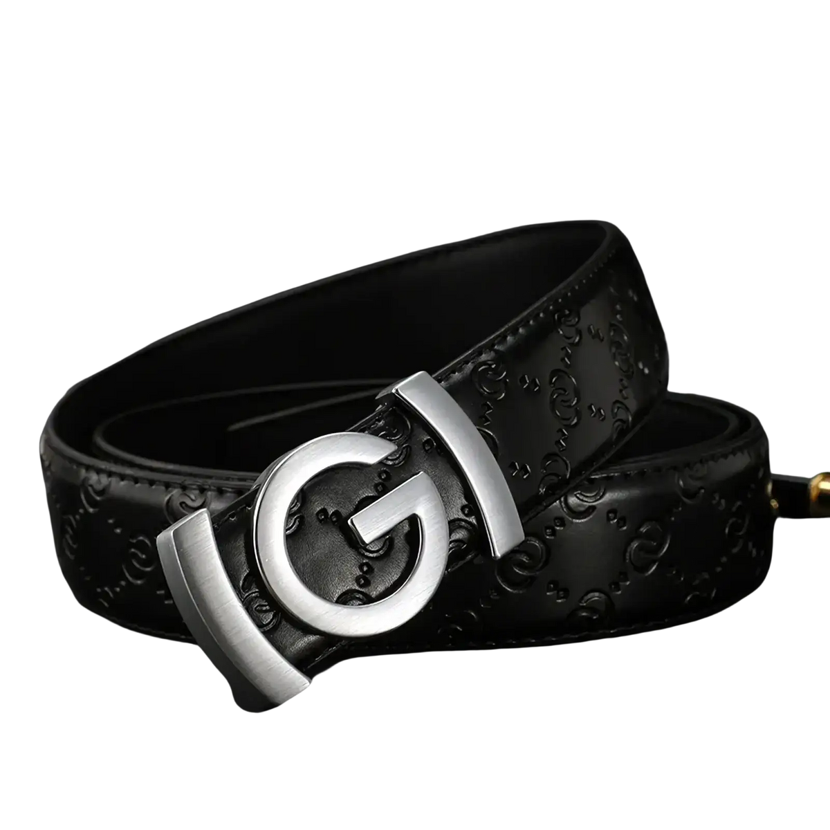 Men’s interlocking g leather belt in black with embossed pattern and silver-toned metal buckle for formal wear