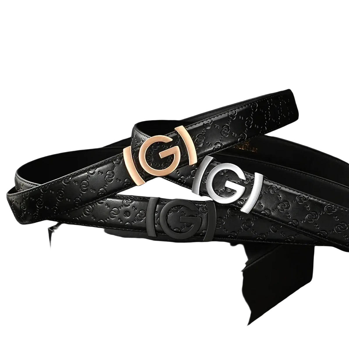 Men’s interlocking g leather belt in black with embossed gg monogram and gold silver or black iconic g buckle