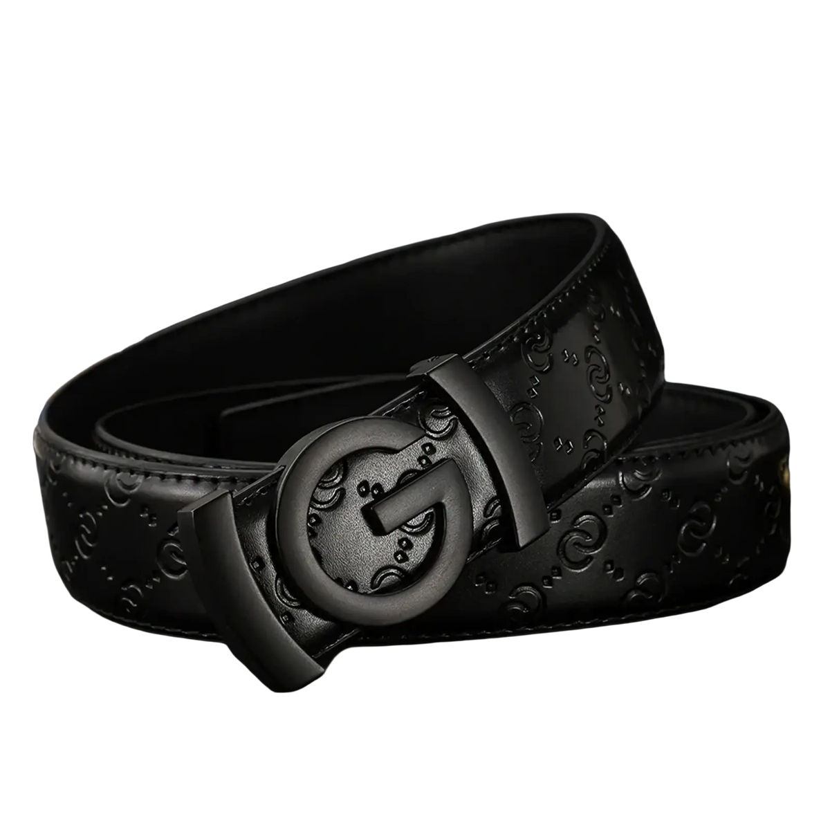 Men’s interlocking g leather belt in black with embossed logo pattern and black metal buckle