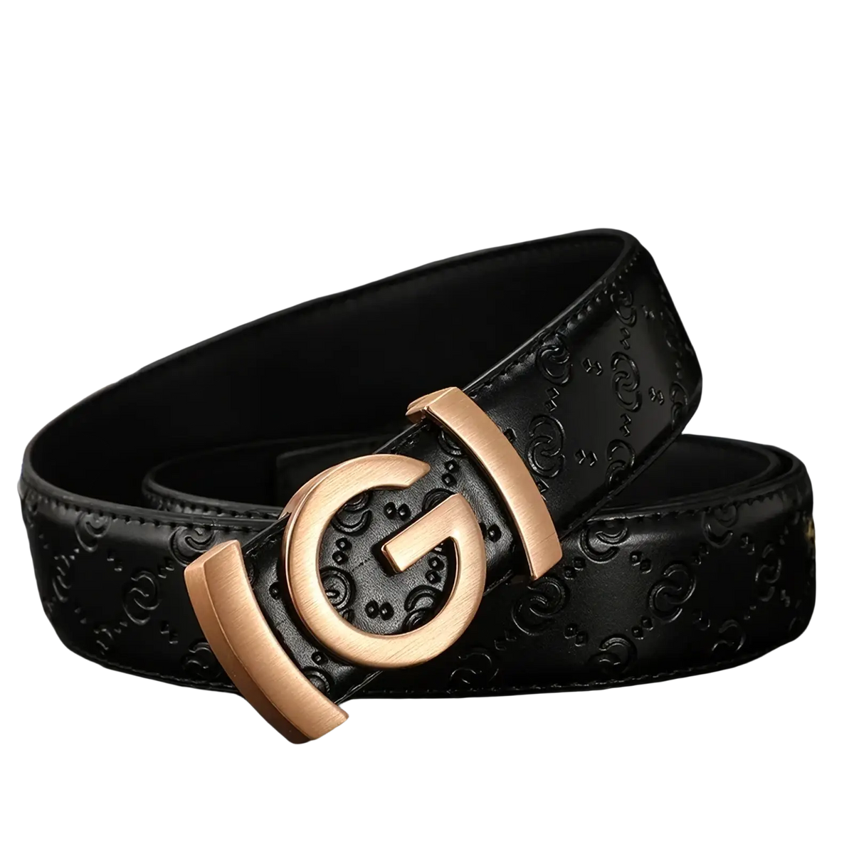 Men’s interlocking g leather belt in black with a rose gold-tone buckle and embossed interlocking g logo pattern