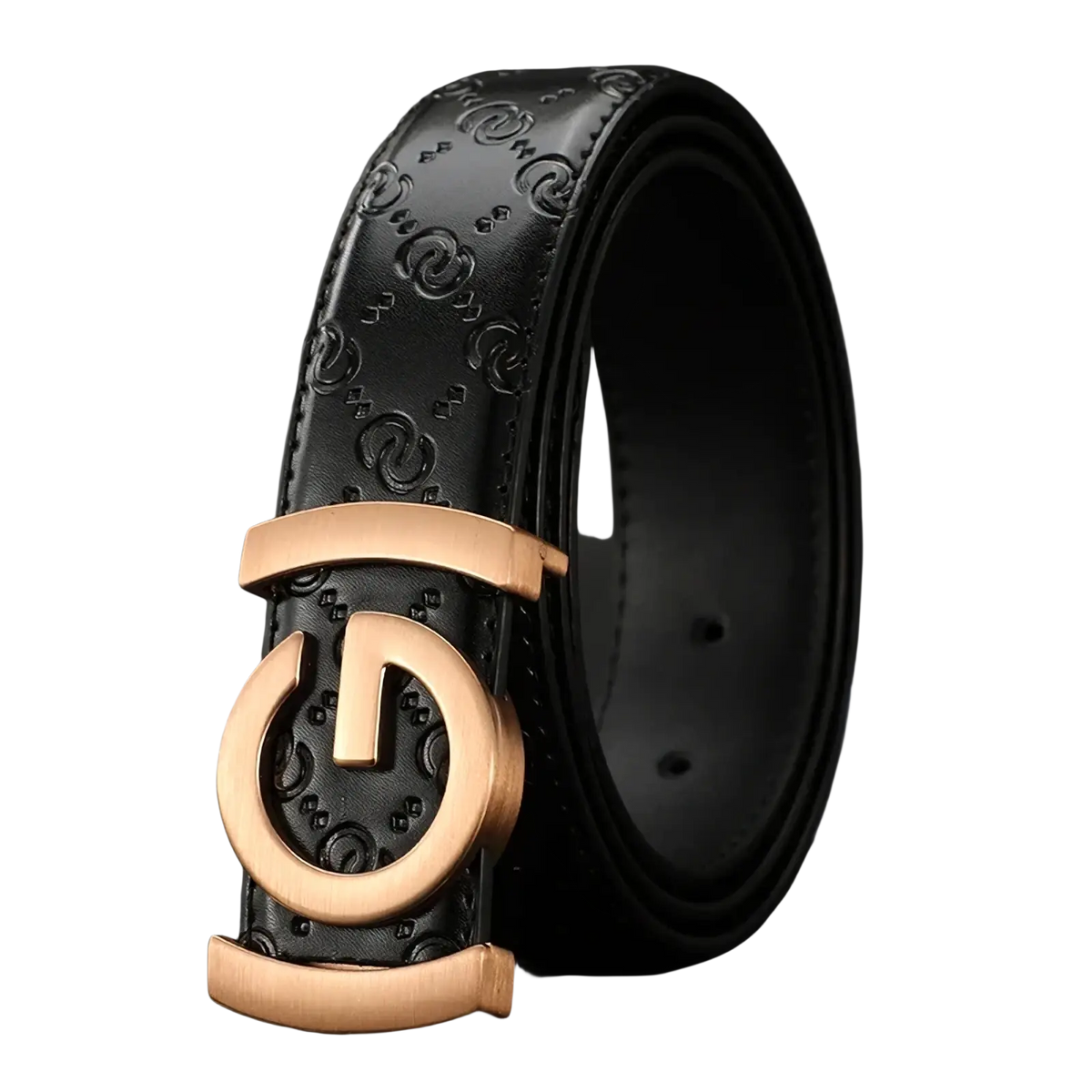 Men’s interlocking g leather belt in black with gold-tone buckle featuring embossed interlocking g pattern