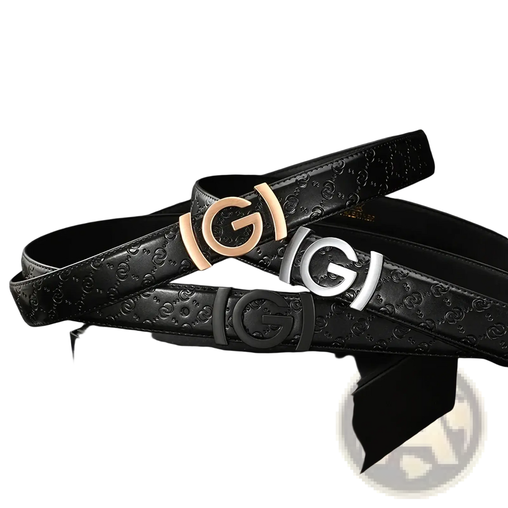 Men’s interlocking g leather belt in black with embossed logo pattern and rose gold silver or black buckle finish