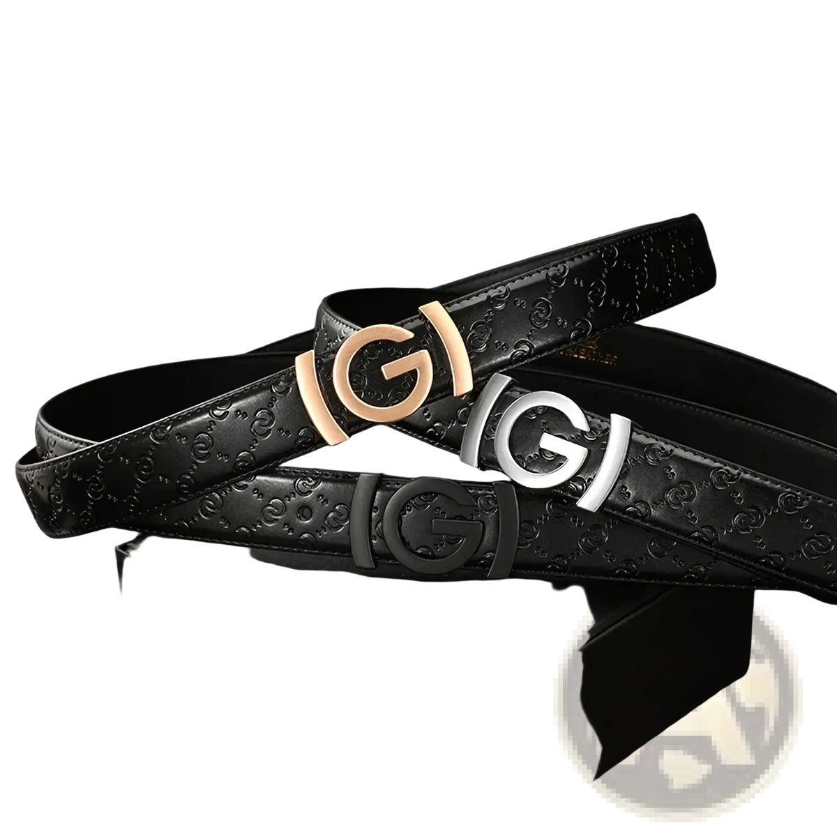 Men’s interlocking g leather belt in black with embossed logo pattern and rose gold silver or black buckle finish
