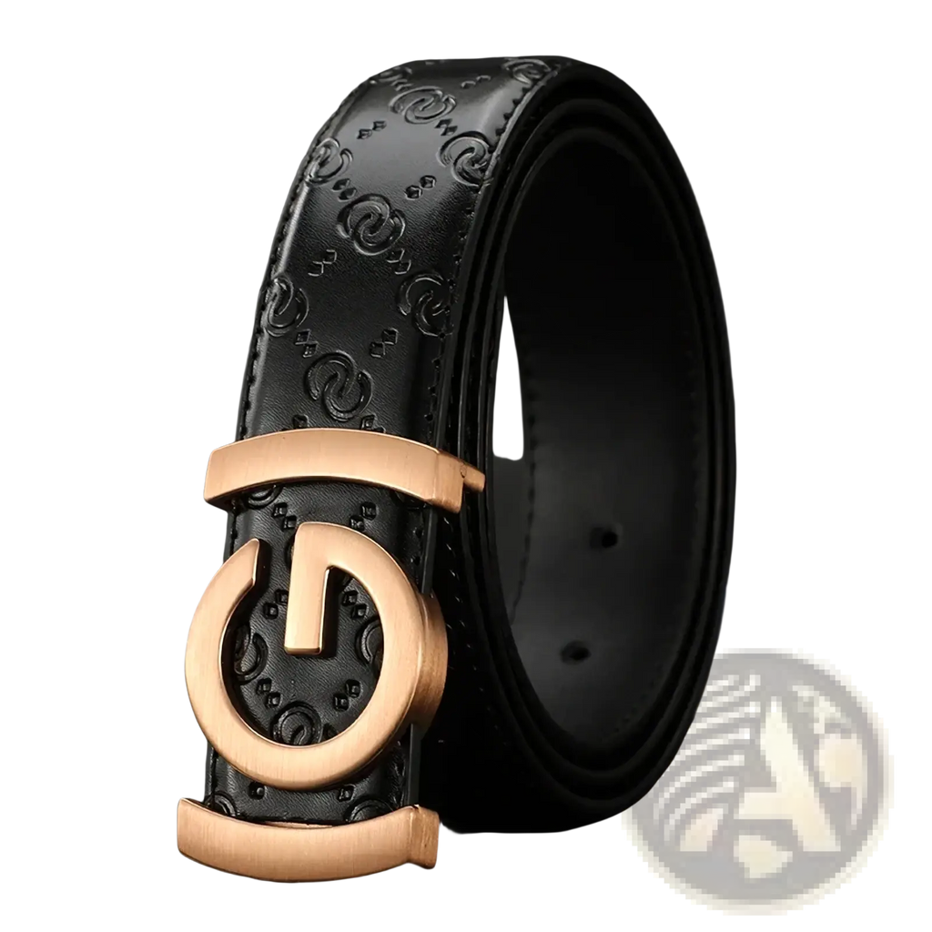 Men’s interlocking g leather belt in black with gold-tone buckle featuring embossed interlocking g pattern