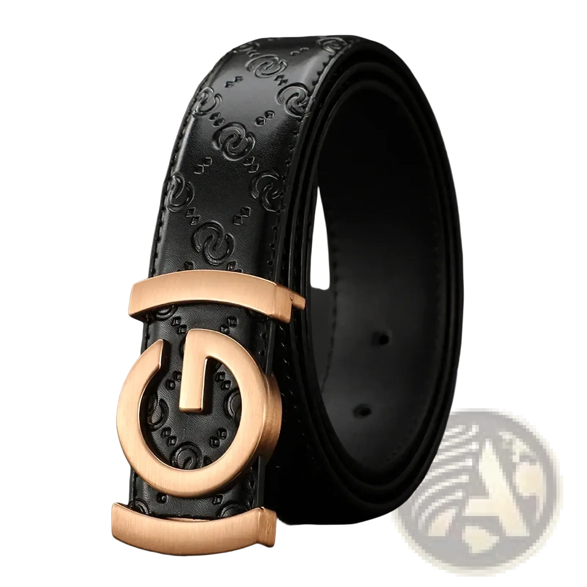 Men’s interlocking g leather belt in black with gold-tone buckle featuring embossed interlocking g pattern