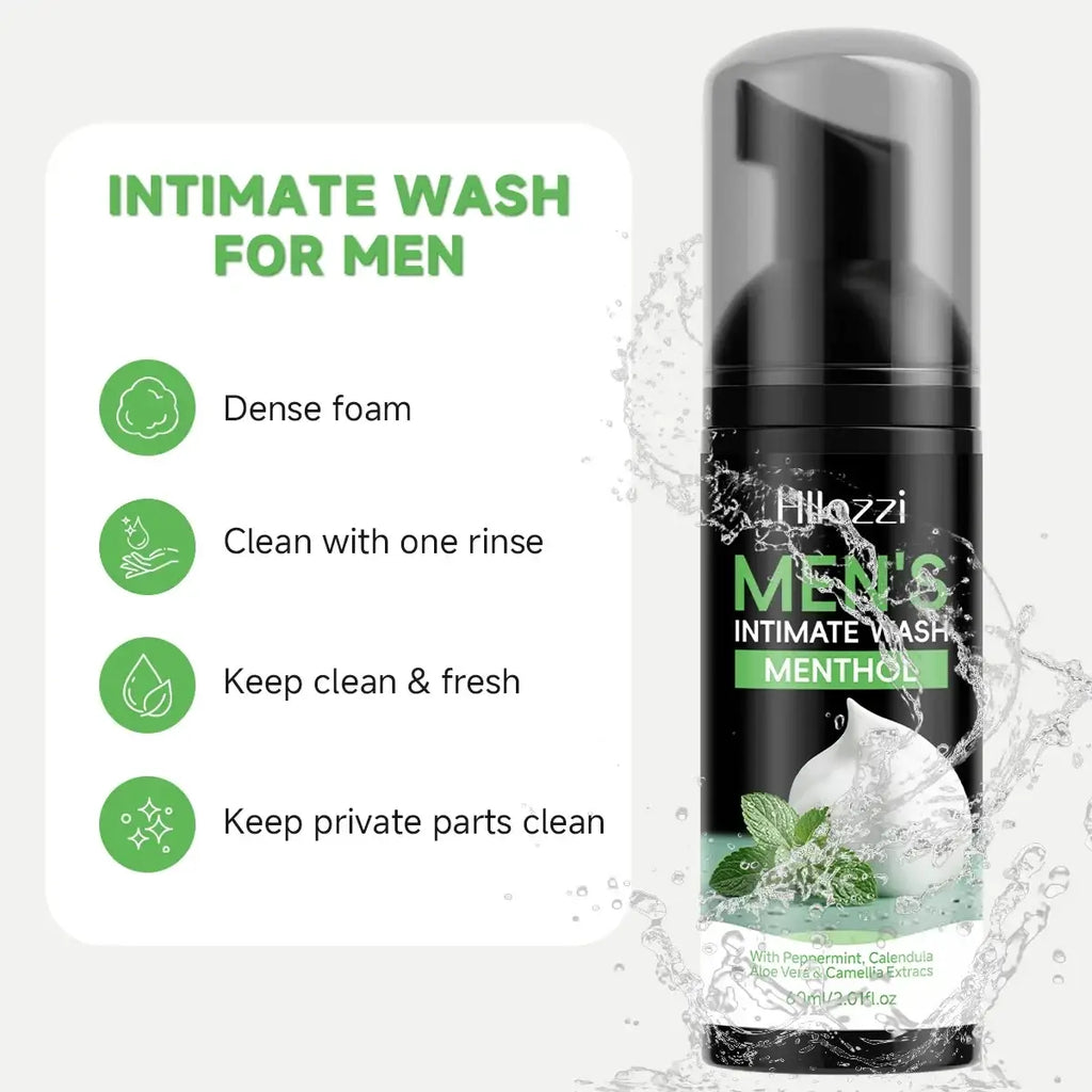 Black cylindrical mens intimate wash menthol bottle with transparent pump and mint leaf design by hilozzi