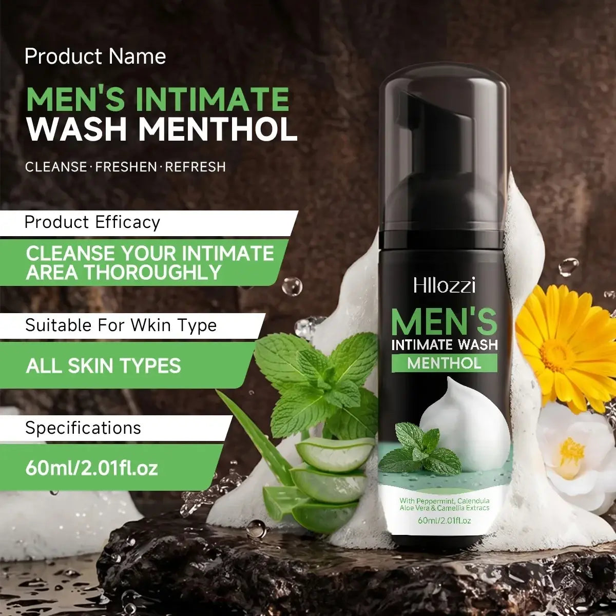 Black cylindrical bottle of Hillozzi mens intimate wash menthol with black pump and green labeling for daily use