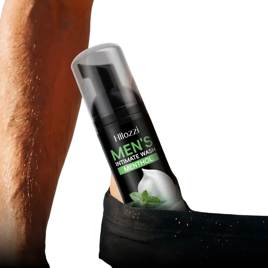 Black hillozzi mens intimate wash menthol with clear pump dispenser and green labeling for refreshing hygiene use