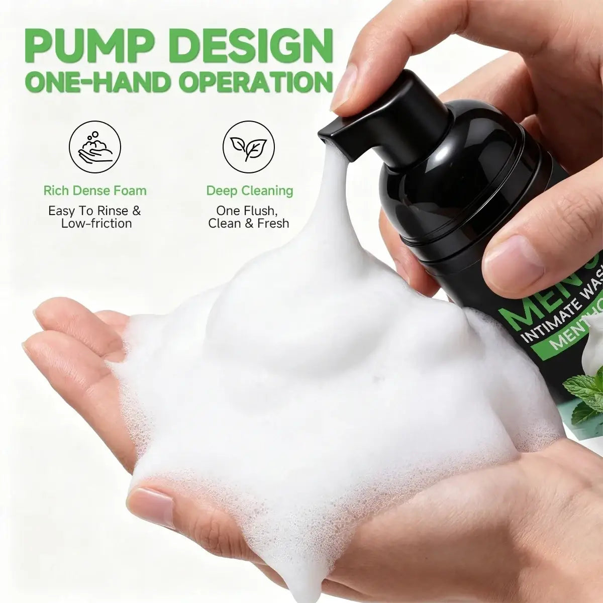 Black pump bottle of mens intimate wash menthol with mint flavor and rich dense foam for daily hygiene use
