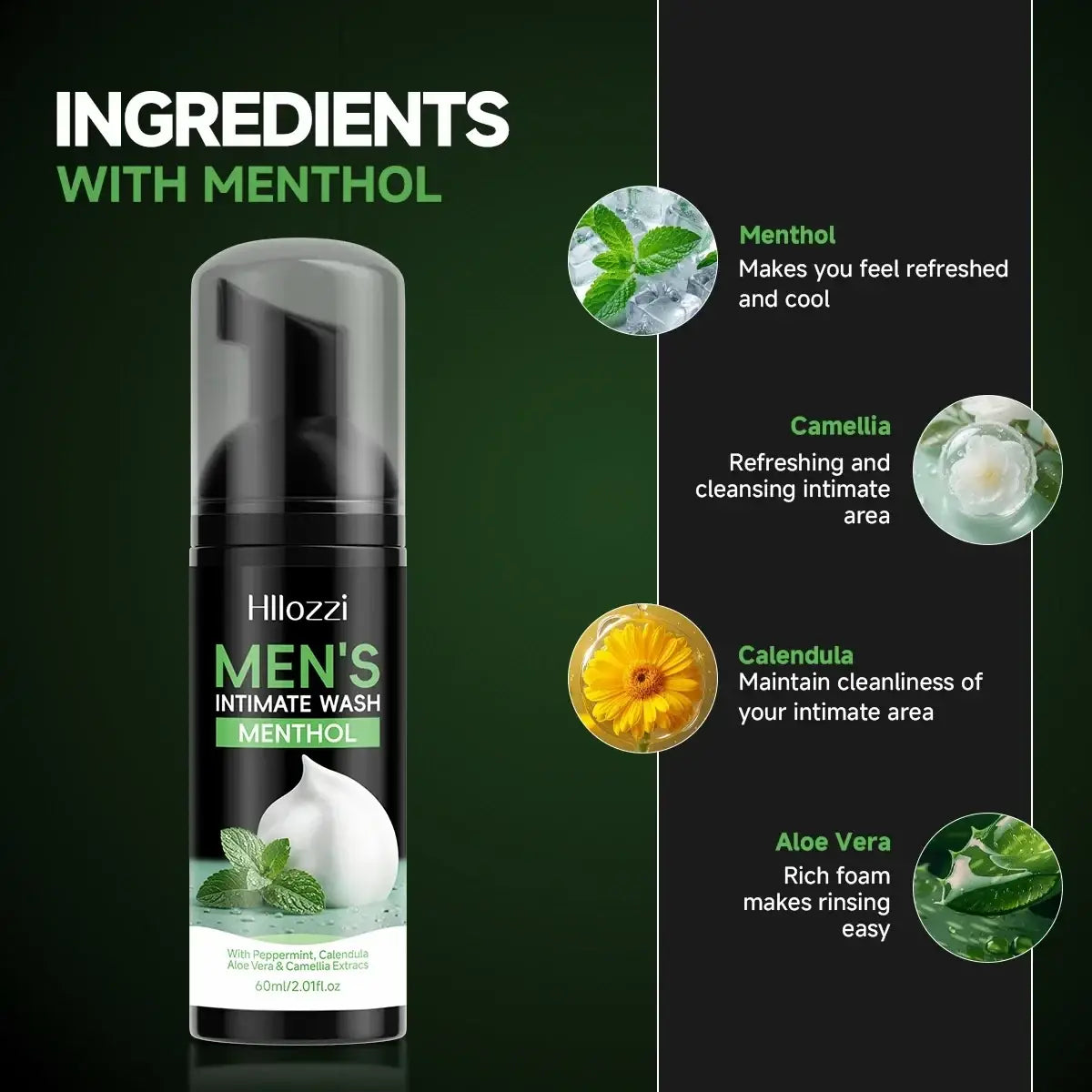 Black pump bottle of hillozzi mens intimate wash menthol with clear cap and label listing menthol camellia calendula aloe vera