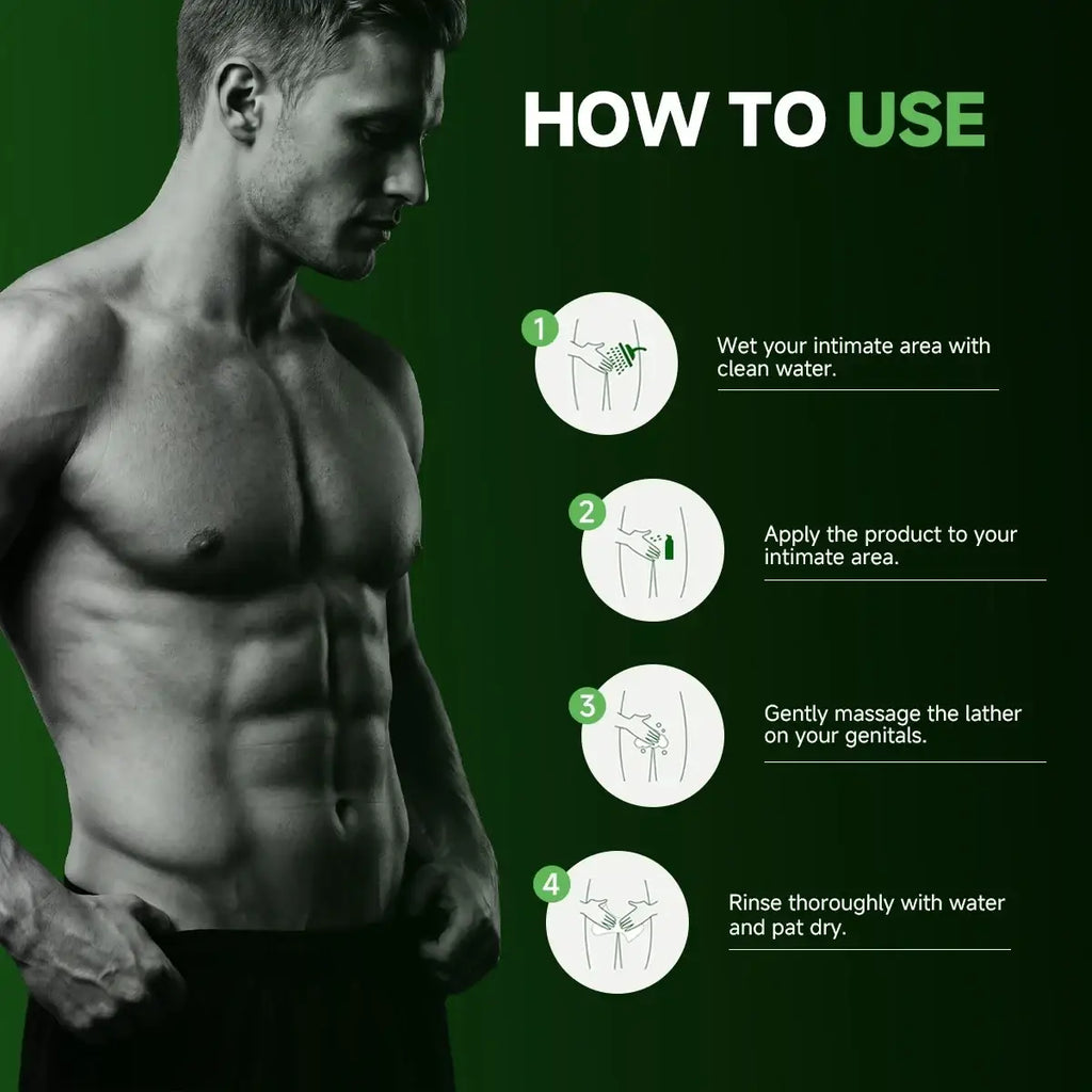 Mens intimate wash menthol in a sleek dark green bottle with matching pump dispenser for personal care lather